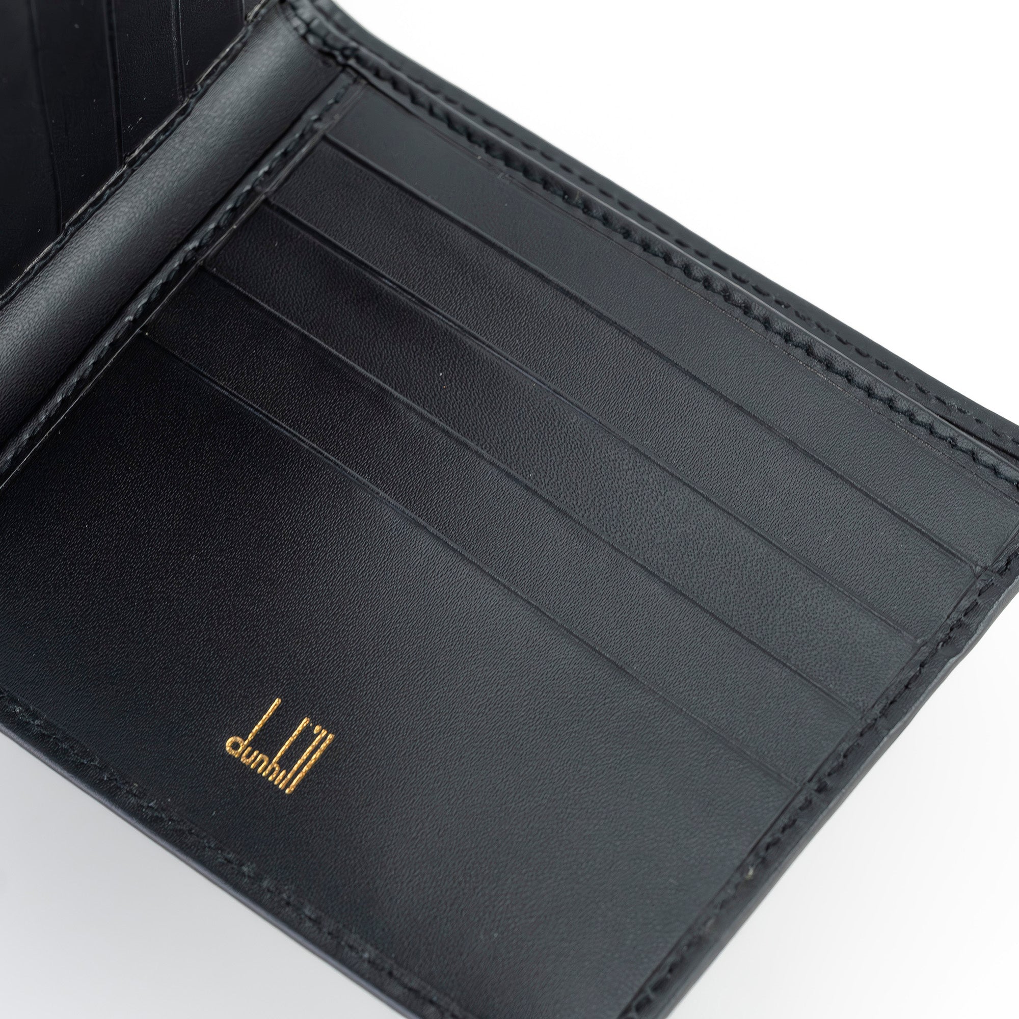 Dunhill Oxford Bi-fold Wallet, Black Leather, Gold Hardware, Logo Engraving, Slim and Compact, Includes Dust Bag
