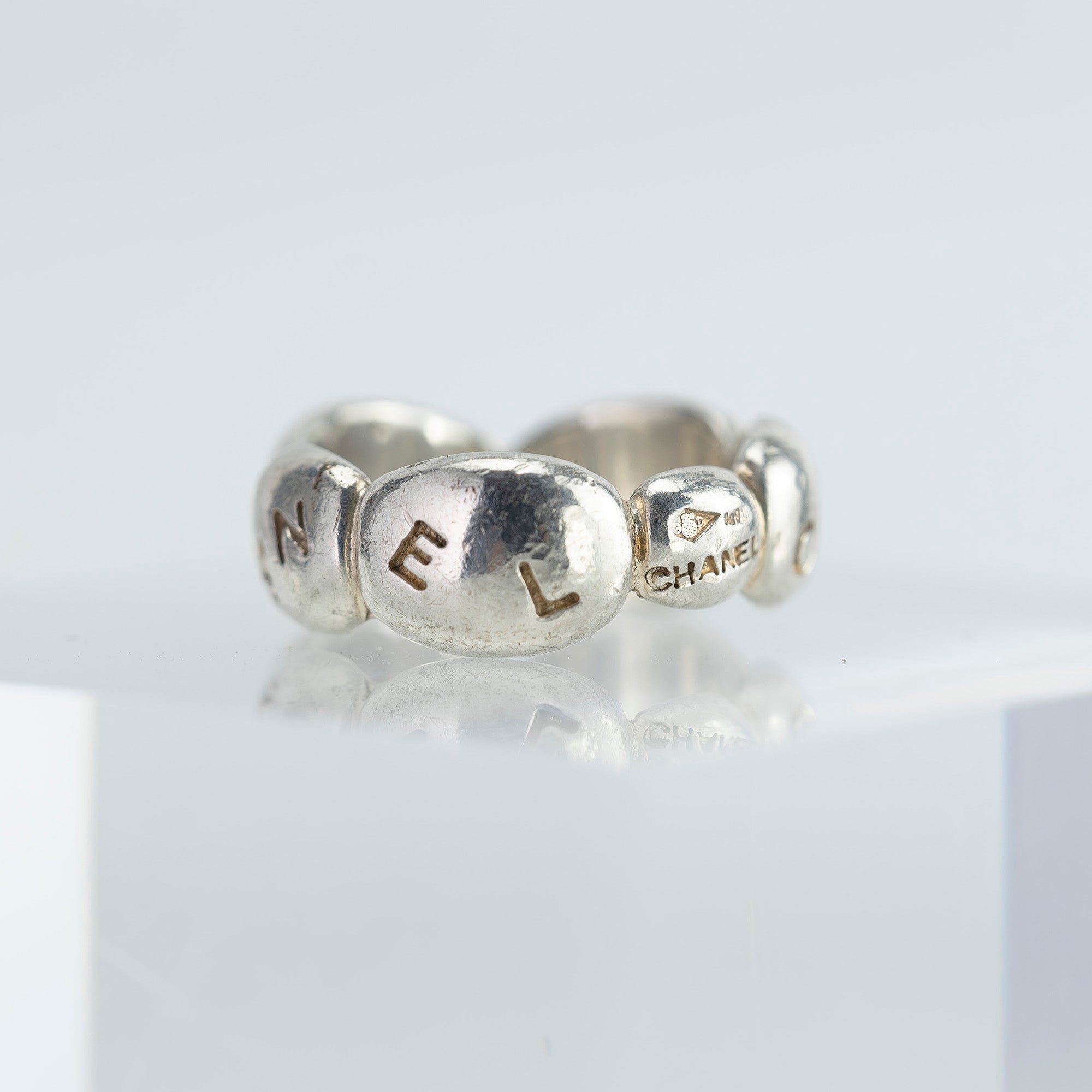 CHANEL Coco Mark Logo Ring, Size 9.5, Sterling Silver, Women's, Vintage Brand Accessory