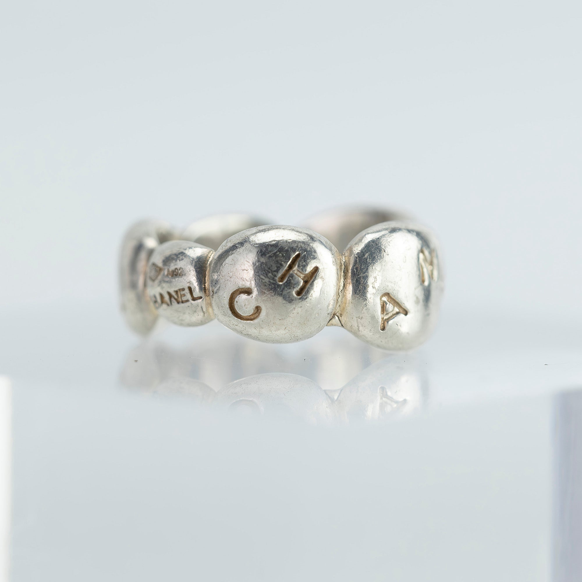 CHANEL Coco Mark Logo Ring, Size 9.5, Sterling Silver, Women's, Vintage Brand Accessory