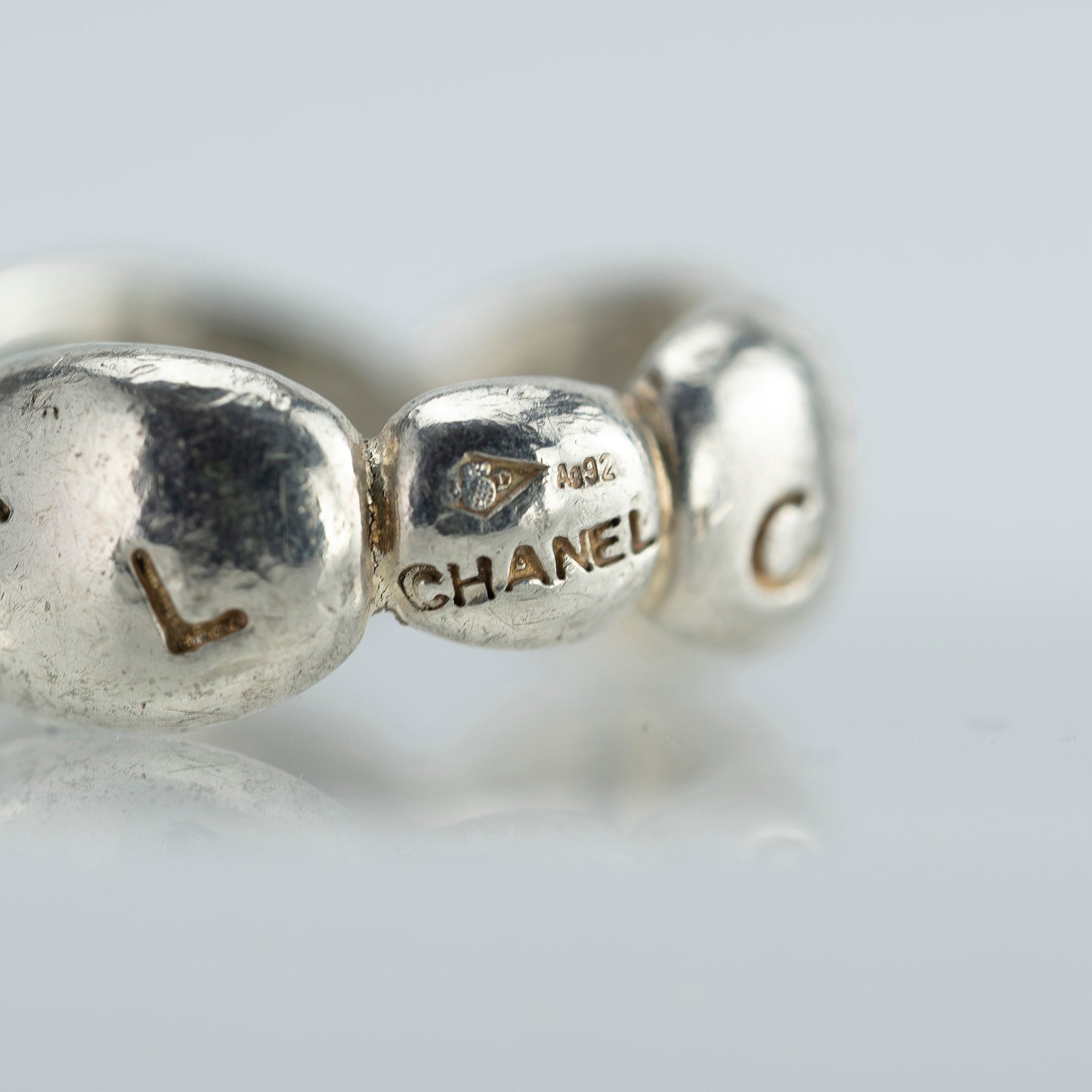 CHANEL Coco Mark Logo Ring, Size 9.5, Sterling Silver, Women's, Vintage Brand Accessory