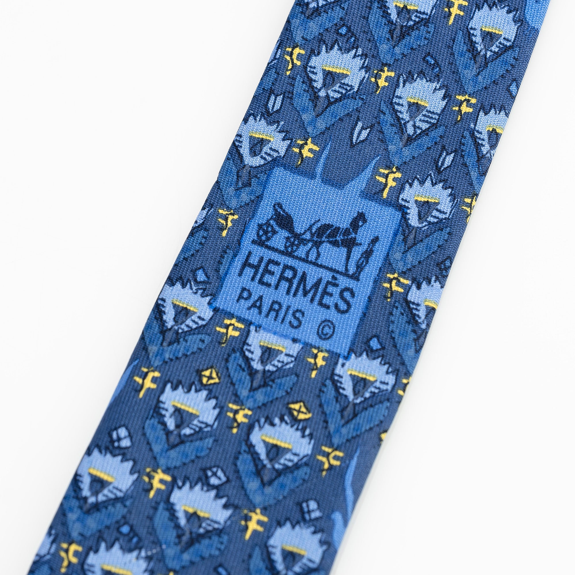 エルメス HERMES ネクタイ ブルー系 花柄モチーフ 鳥 フラワーパターン シルク100% メンズ ブランドネクタイ 高級小物 フランス製【箱付】