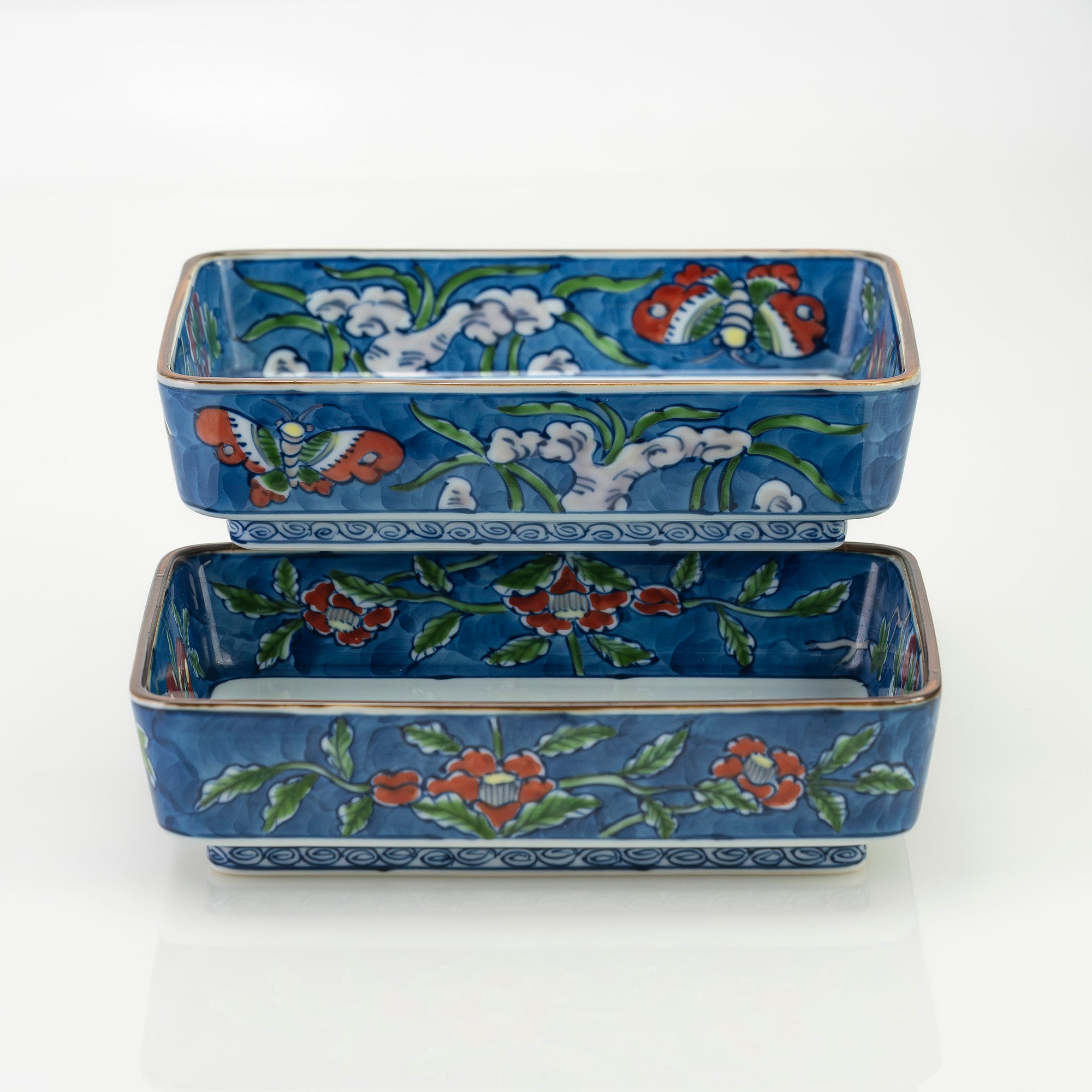 舘林源右衛門 作 染錦古代花鳥図 角鉢2 醤油皿2 二組セット 有田焼 源右衛門窯