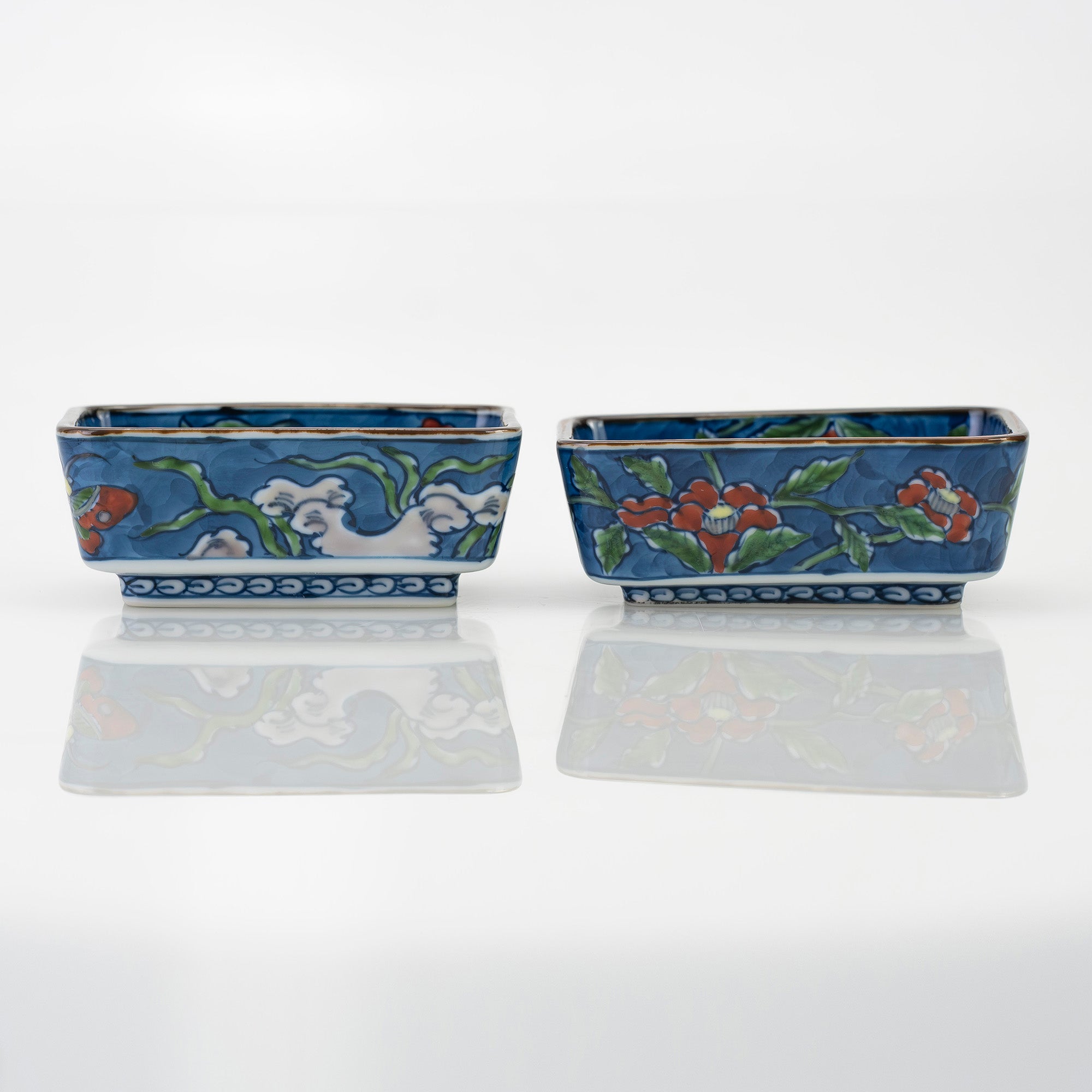 舘林源右衛門 作 染錦古代花鳥図 角鉢2 醤油皿2 二組セット 有田焼 源右衛門窯