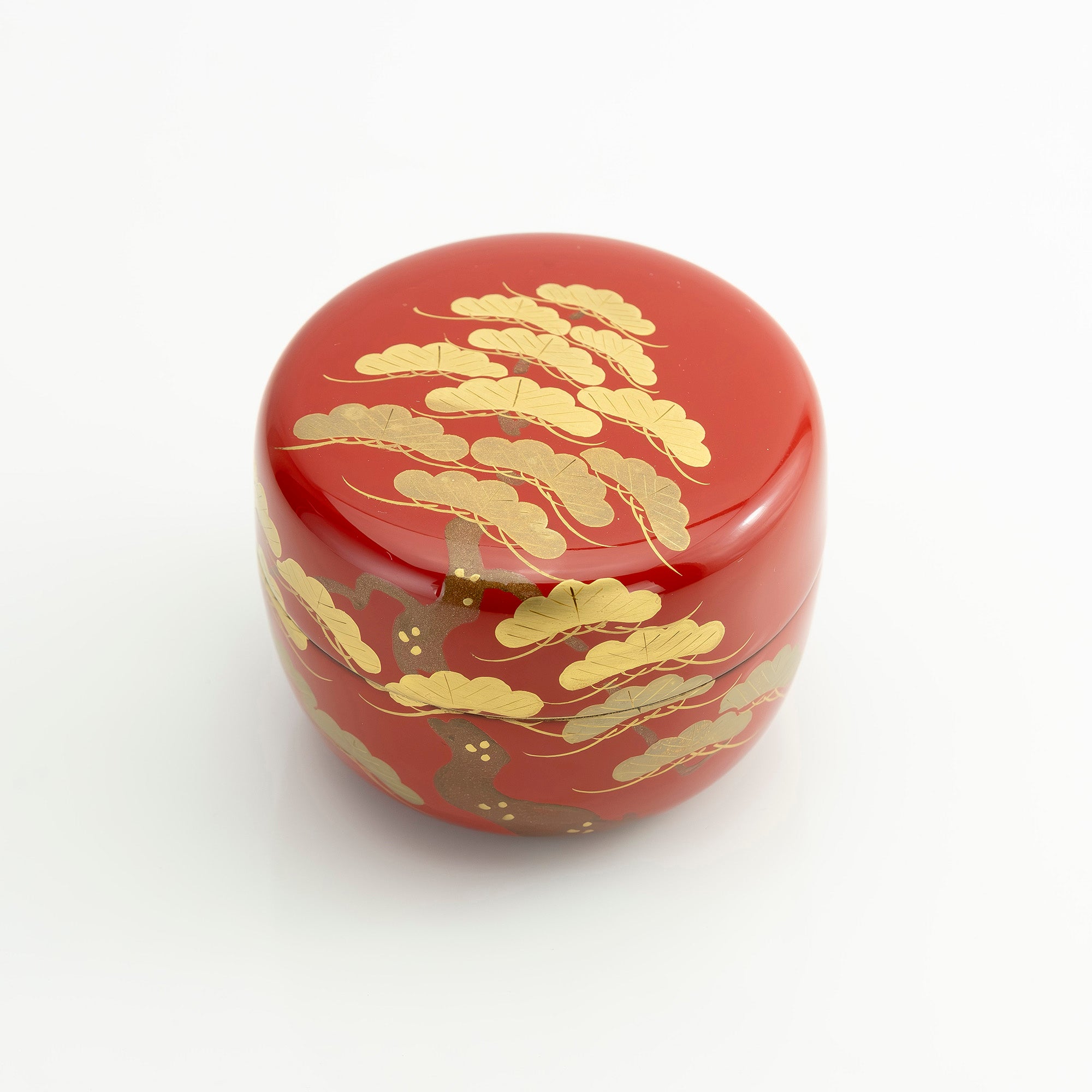 斎藤宗甫作 朱漆 松蒔絵 丸棗 共箱 茶道具 作家物 蒔絵 漆芸 抹茶器 祝儀 美品