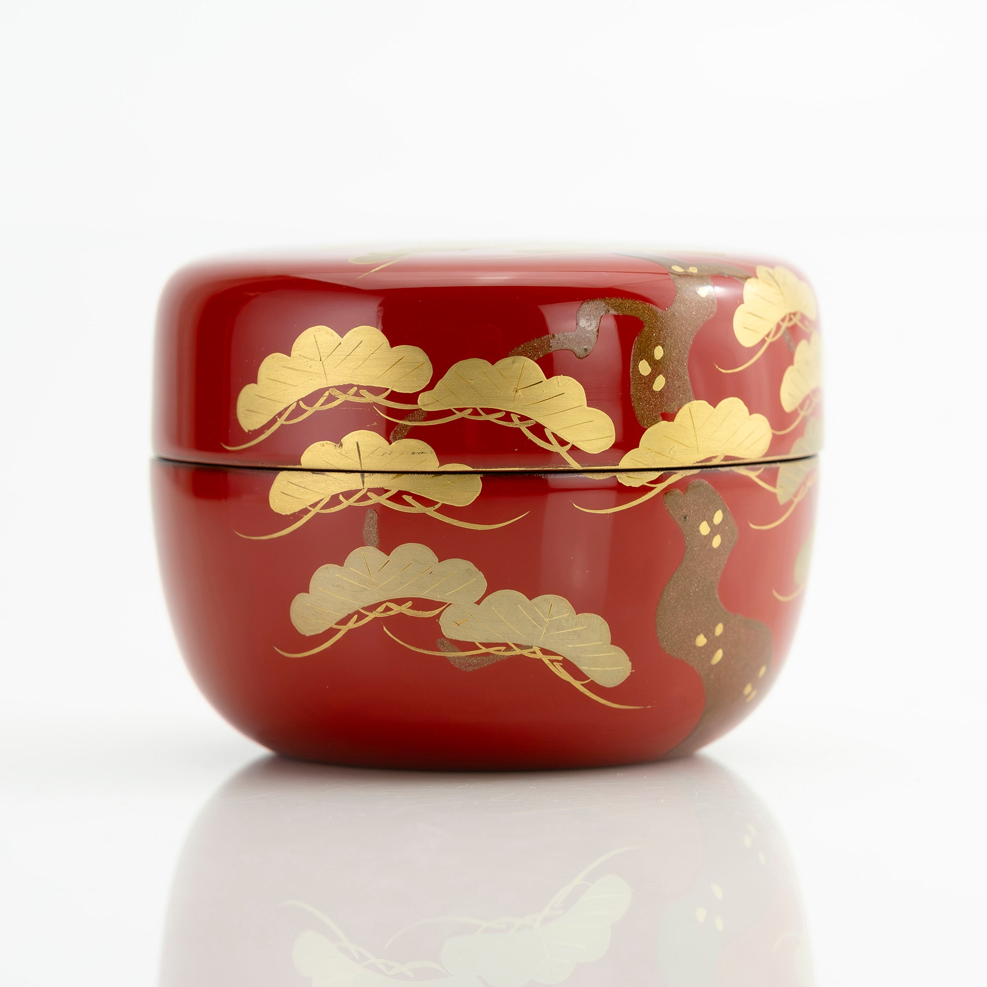 斎藤宗甫作 朱漆 松蒔絵 丸棗 共箱 茶道具 作家物 蒔絵 漆芸 抹茶器 祝儀 美品