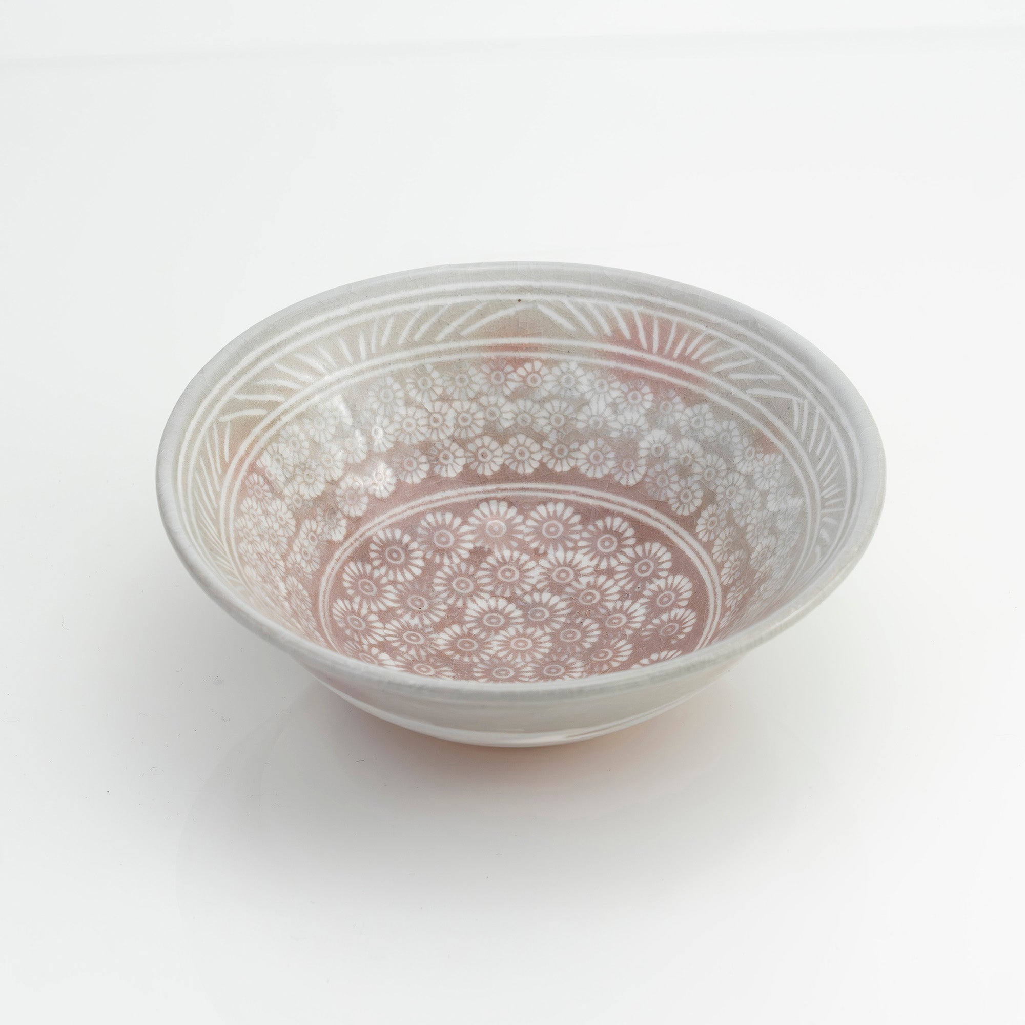 三島手 平茶碗 夏茶碗 抹茶碗 花文様 在銘判読不明 京焼系 茶道具
