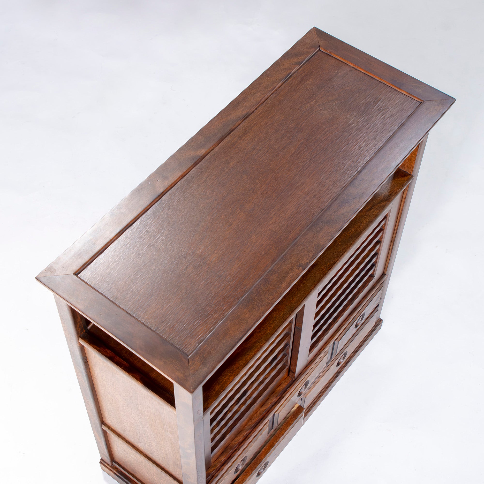 九州民芸家具 茶箪笥 ミズメザクラ材 幅93cm 横桟引き戸 5杯引き出し