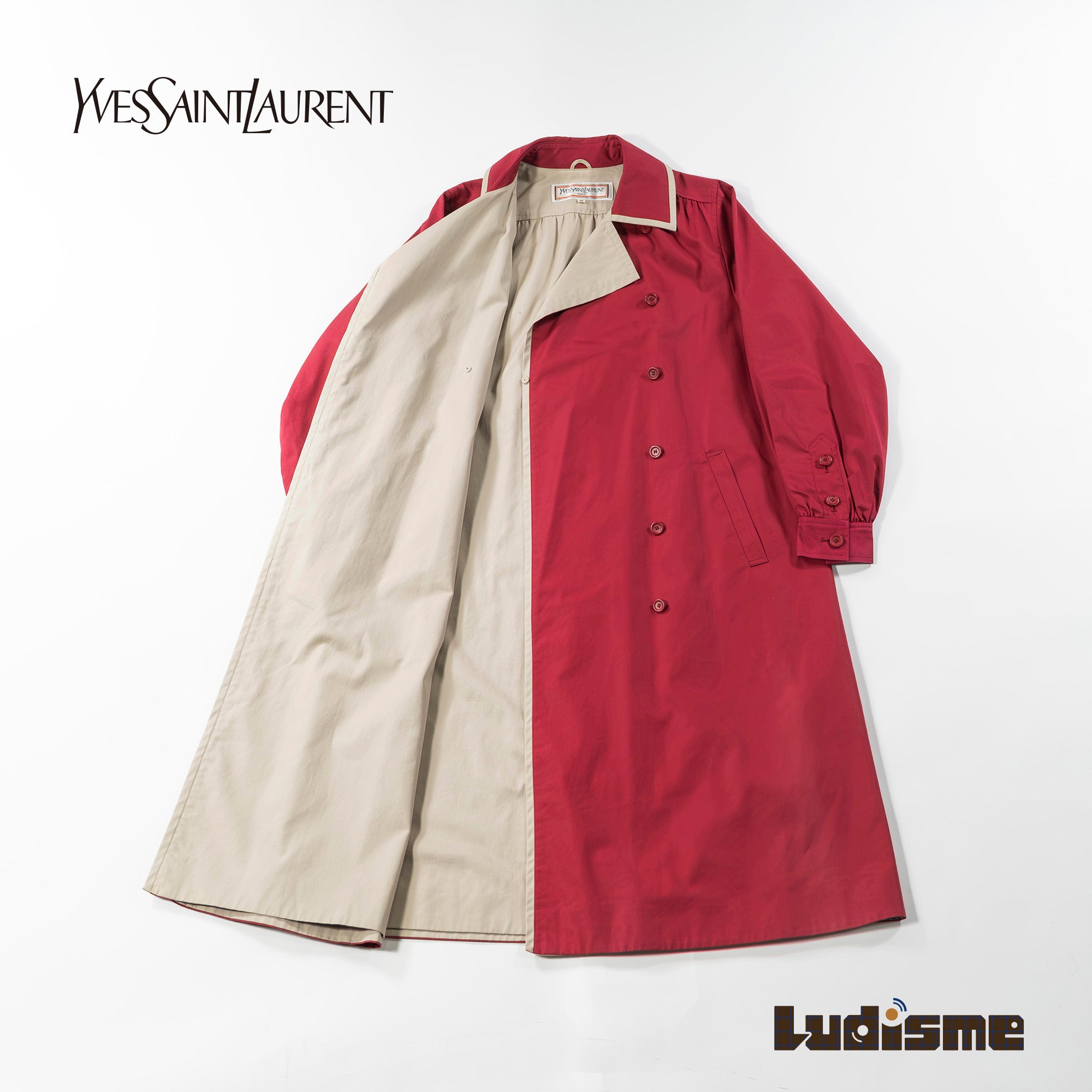 【古着】イヴサンローランYves Saint Laurent ロングコート スプリングコート ◆美品◆ トレンチコート シャツコート レッド×ベージュ YSL ツートン バイカラー レディースアウター レディースコート【中古】【USED】