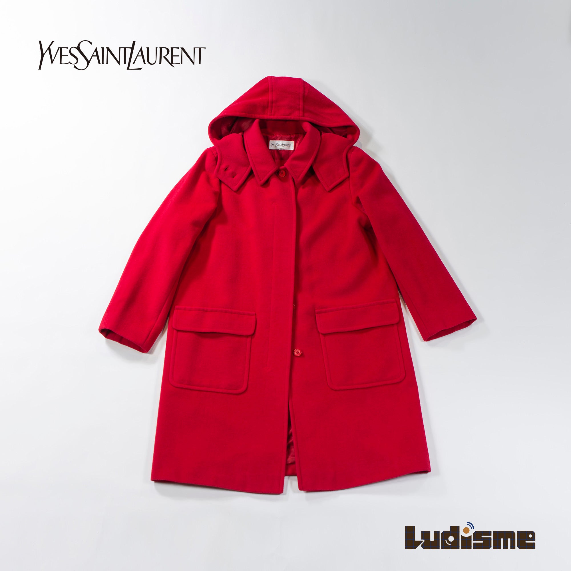 【古着】Yves Saint Laurent イヴサンローラン ダッフルコート レッド アンゴラ ウール ロングコート フーデッドコート ◆美品◆ レディースファッション レディースアウター レディースコート【中古】【古着】【USED】