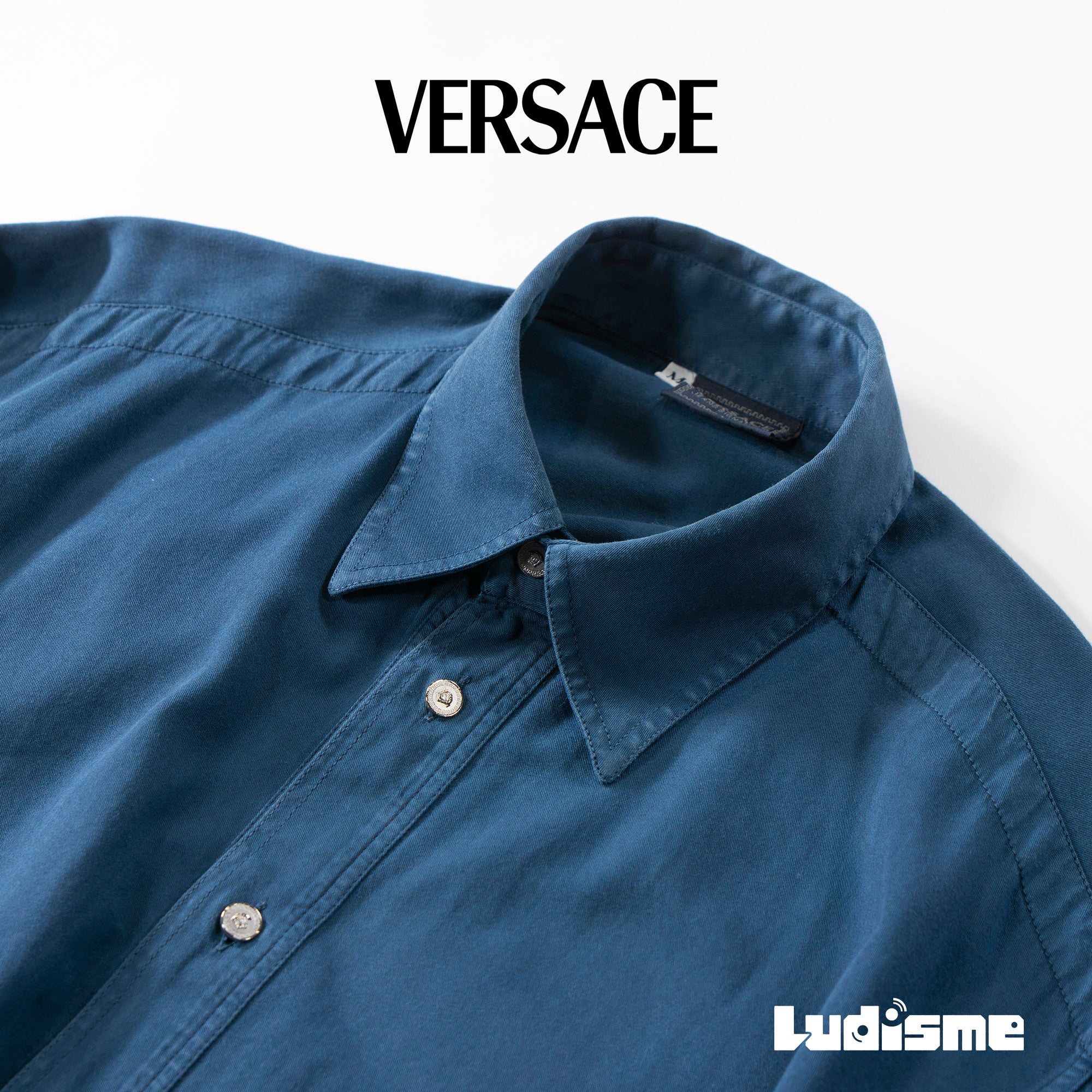 VERSACE Standard collar shirt, made in Italy, blue