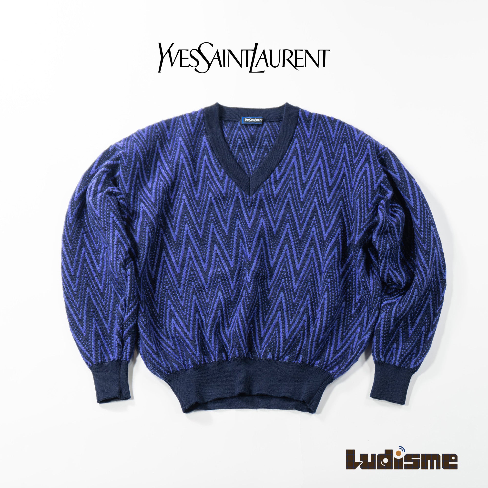 【古着】イヴサンローラン Yves Saint Laurent ニット マルチパターン ネイビー系 ウール100% セーター ◆美品◆ メンズファッション メンズトップス レディースファッション レディーストップス ユニセックス【中古】【USED】