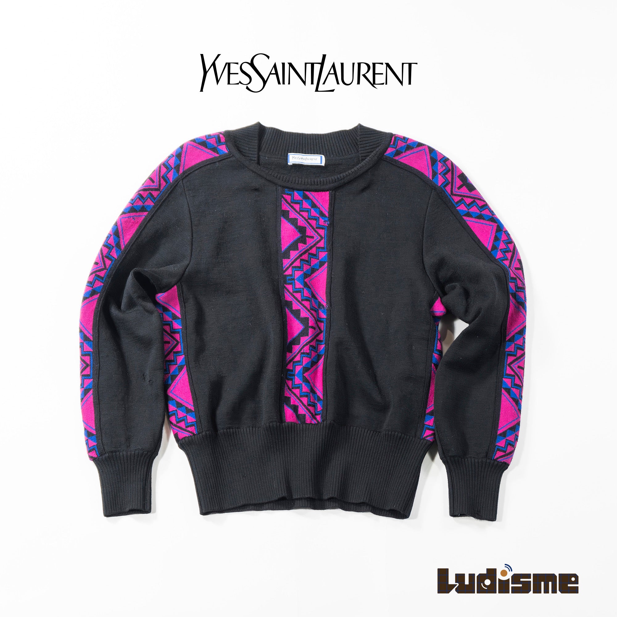 Pre-owned Yves Saint Laurent designer knit sweater in black and pink, 100% wool. 90s men's and women's fashion.