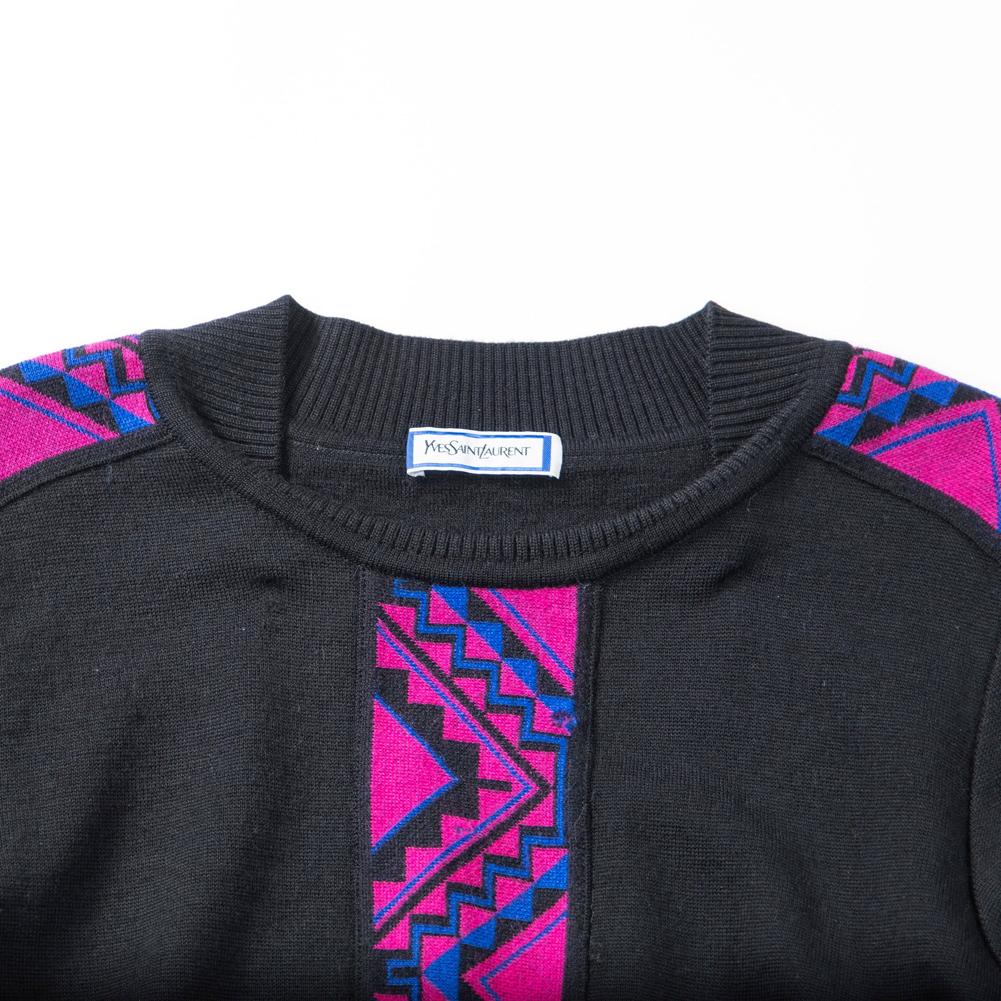 Pre-owned Yves Saint Laurent designer knit sweater in black and pink, 100% wool. 90s men's and women's fashion.