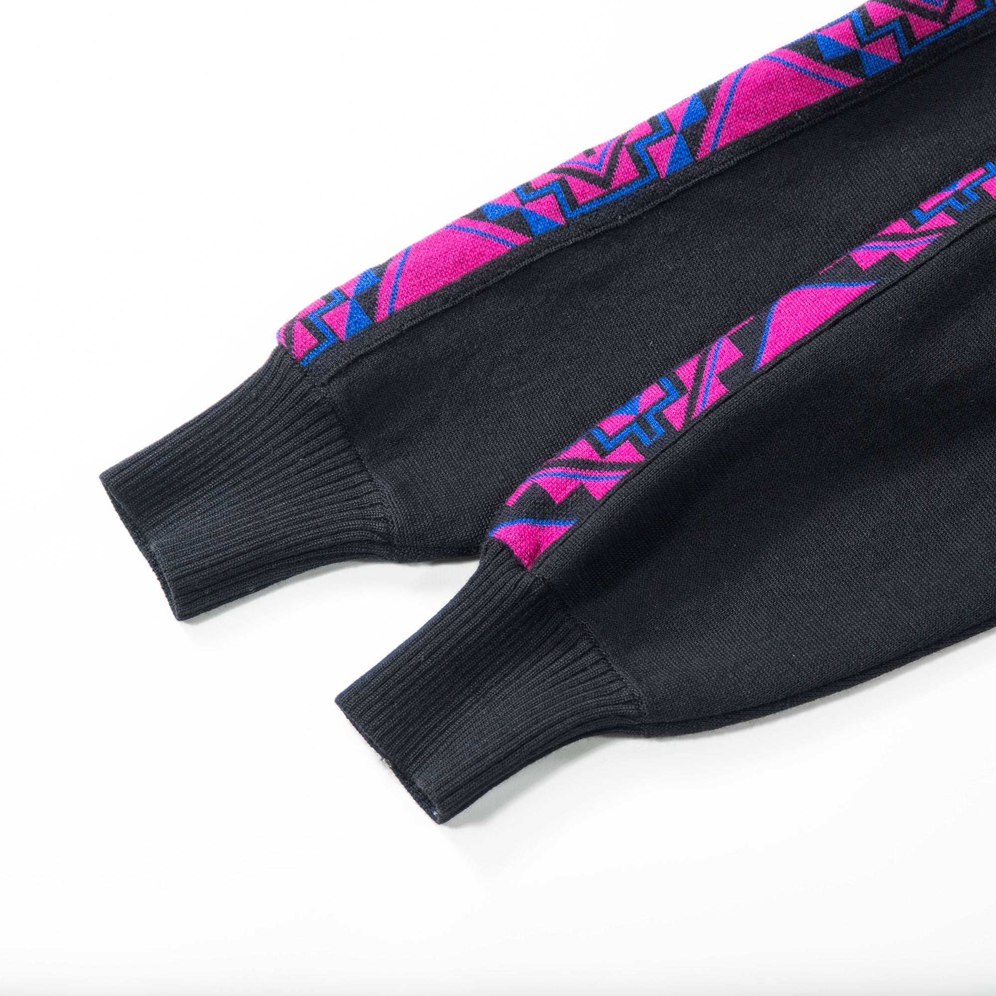 Pre-owned Yves Saint Laurent designer knit sweater in black and pink, 100% wool. 90s men's and women's fashion.
