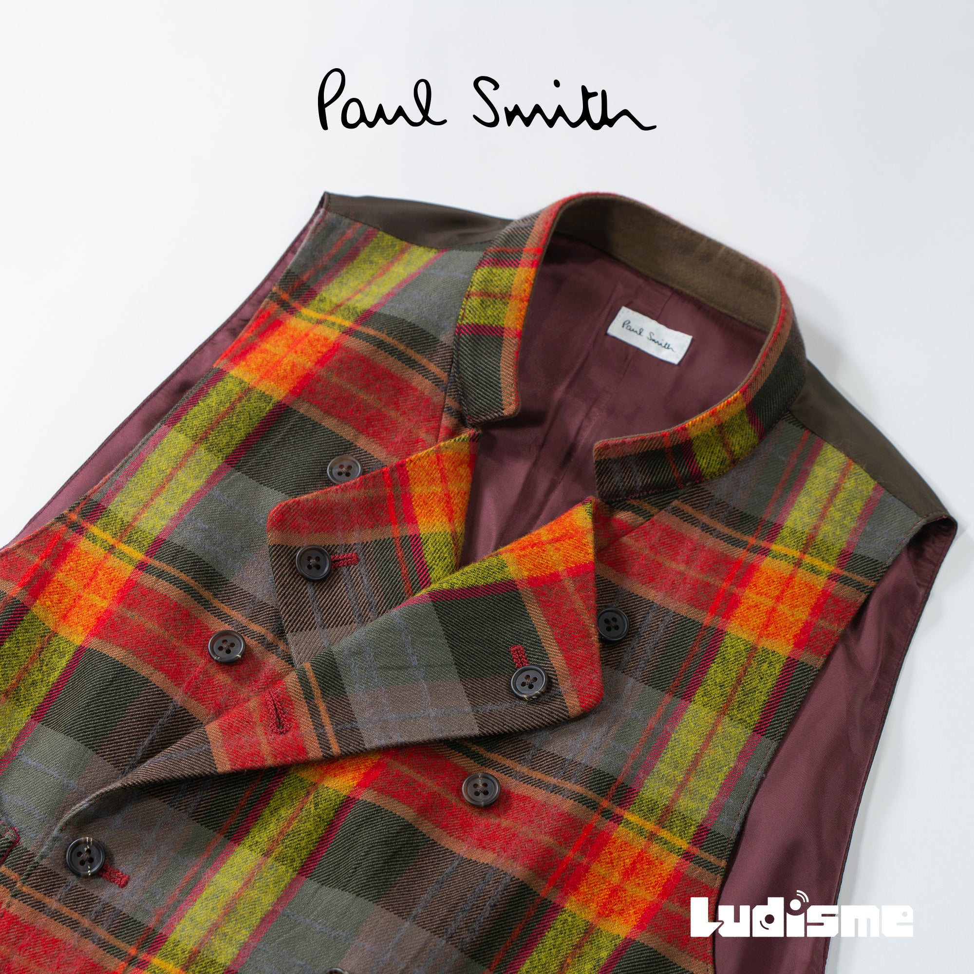 【古着】ポールスミス Paul Smith コットンウール チェック柄ベスト ジレ 赤黄 ダブルブレスト メンズファッション メンズベスト ユニセックス レディースファッション【中古】【USED】