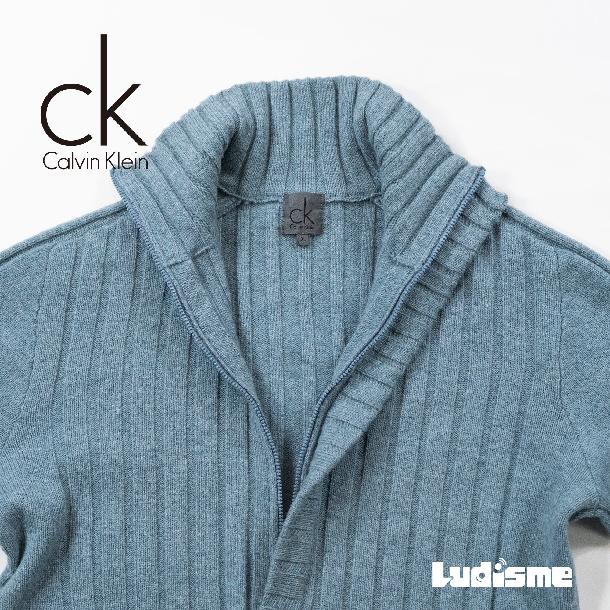 【古着】カルバンクライン Calvin Klein ハーフジップニット ライトブルー ウール100% タートルネック セーター ドライバーズニット メンズファッション メンズトップス メンズニット ユニセックス レディースファッション【中古】【USED】