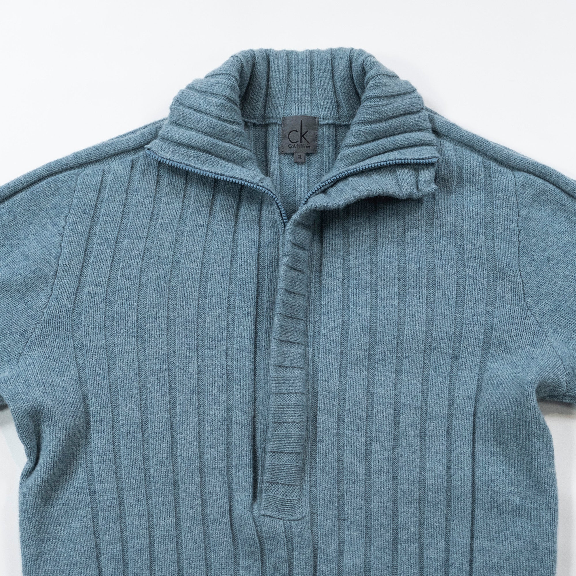 【古着】カルバンクライン Calvin Klein ハーフジップニット ライトブルー ウール100% タートルネック セーター ドライバーズニット メンズファッション メンズトップス メンズニット ユニセックス レディースファッション【中古】【USED】
