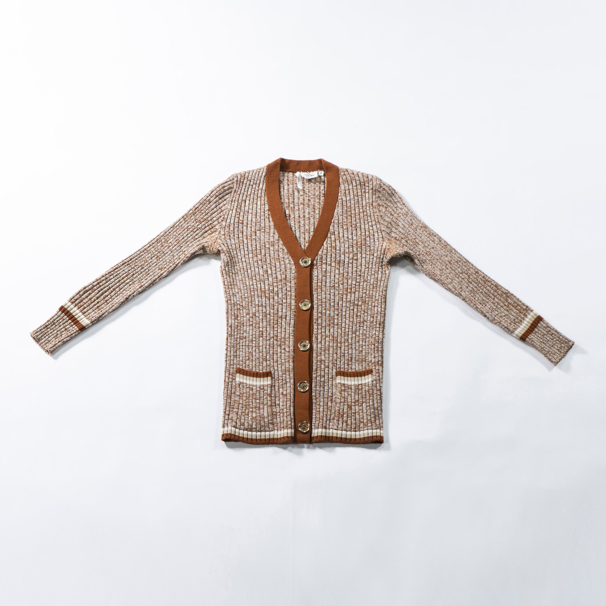 CELINE V-neck ribbed knit cardigan, brown, 100% wool, women's, size 42, made in Italy, knit top, sweater
