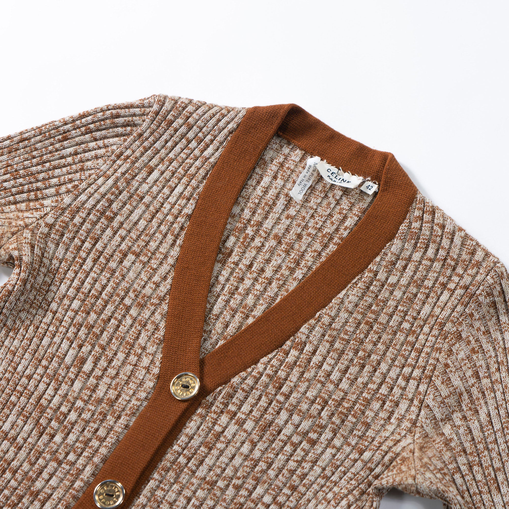 CELINE V-neck ribbed knit cardigan, brown, 100% wool, women's, size 42, made in Italy, knit top, sweater