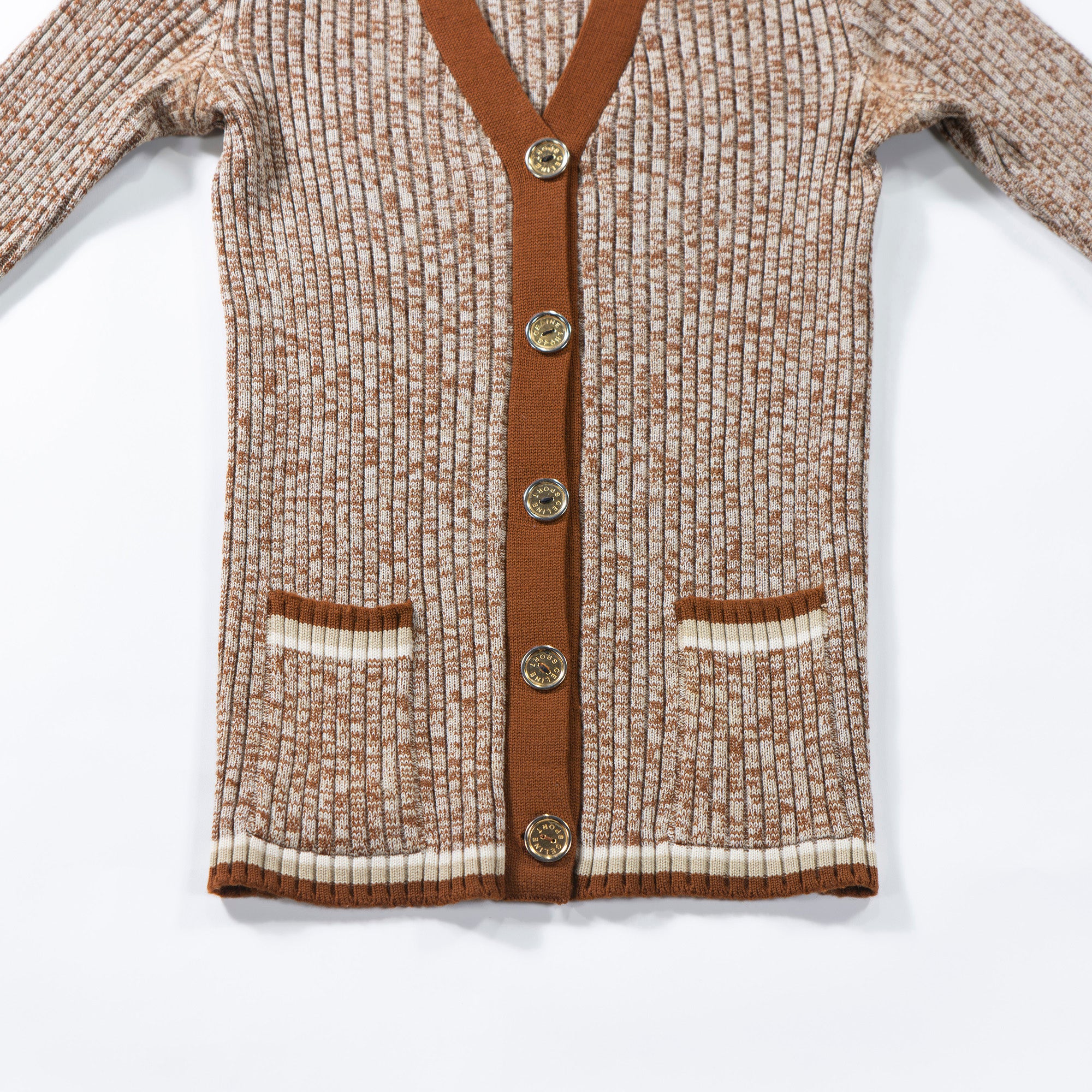 CELINE V-neck ribbed knit cardigan, brown, 100% wool, women's, size 42, made in Italy, knit top, sweater