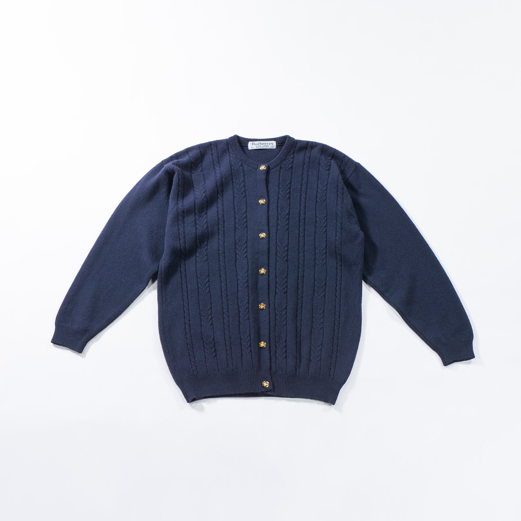 90s Burberry crew neck knit cardigan, navy, 100% lambswool, Aran sweater, made in Scotland, top