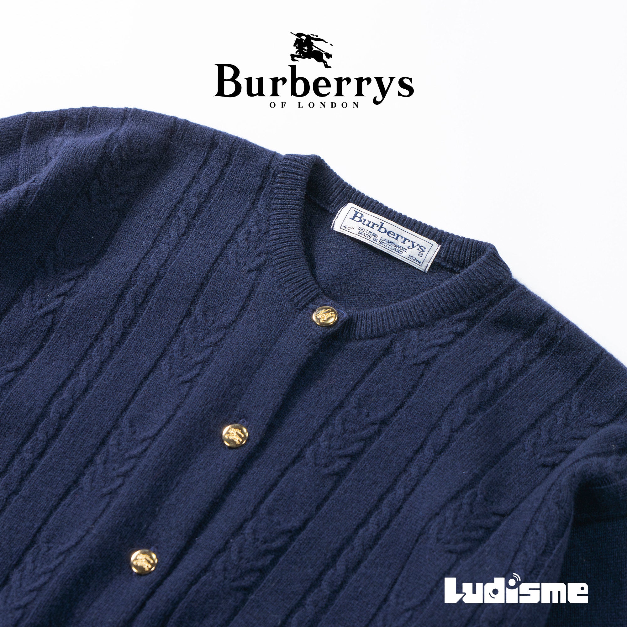 90s Burberry crew neck knit cardigan, navy, 100% lambswool, Aran sweater, made in Scotland, top