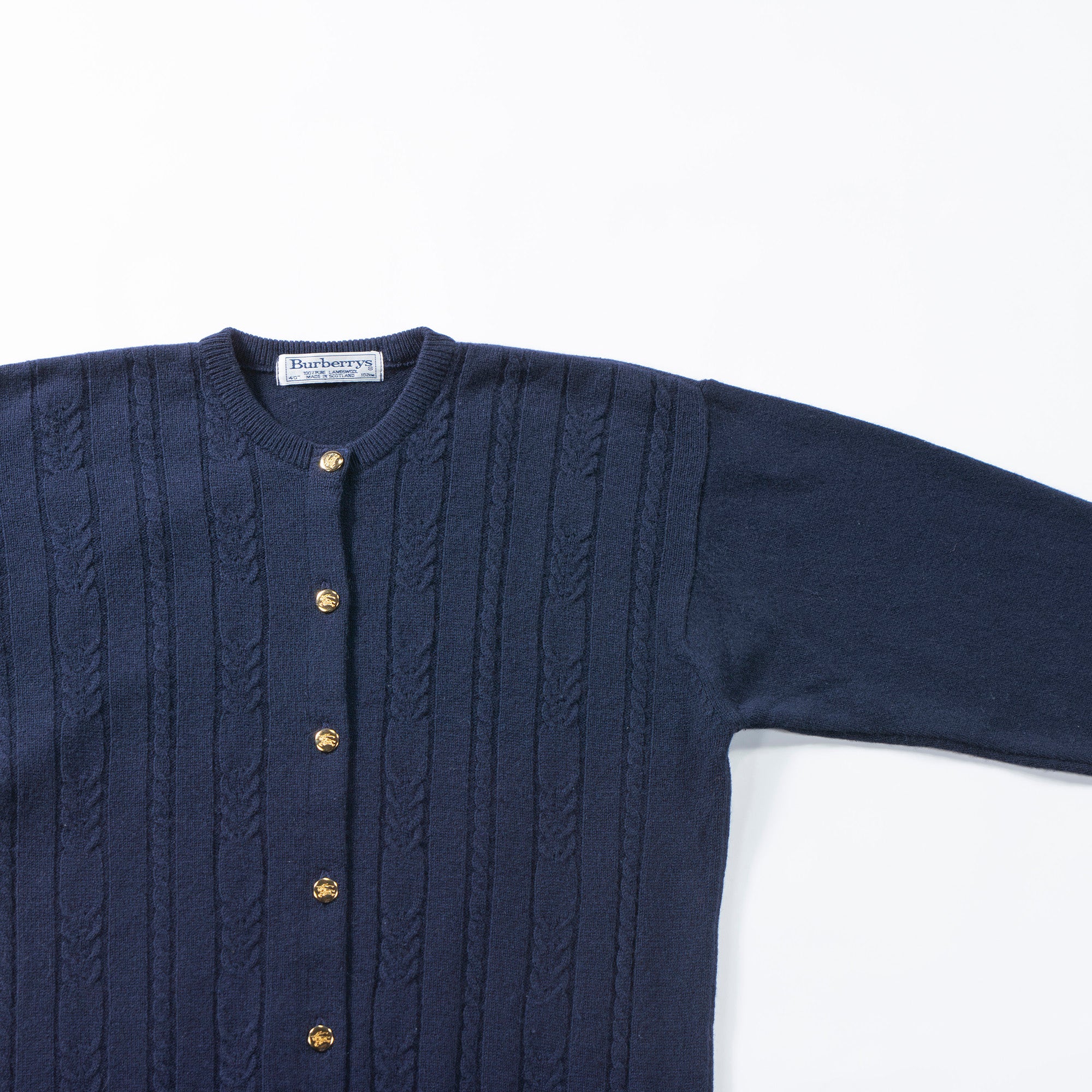 90s Burberry crew neck knit cardigan, navy, 100% lambswool, Aran sweater, made in Scotland, top