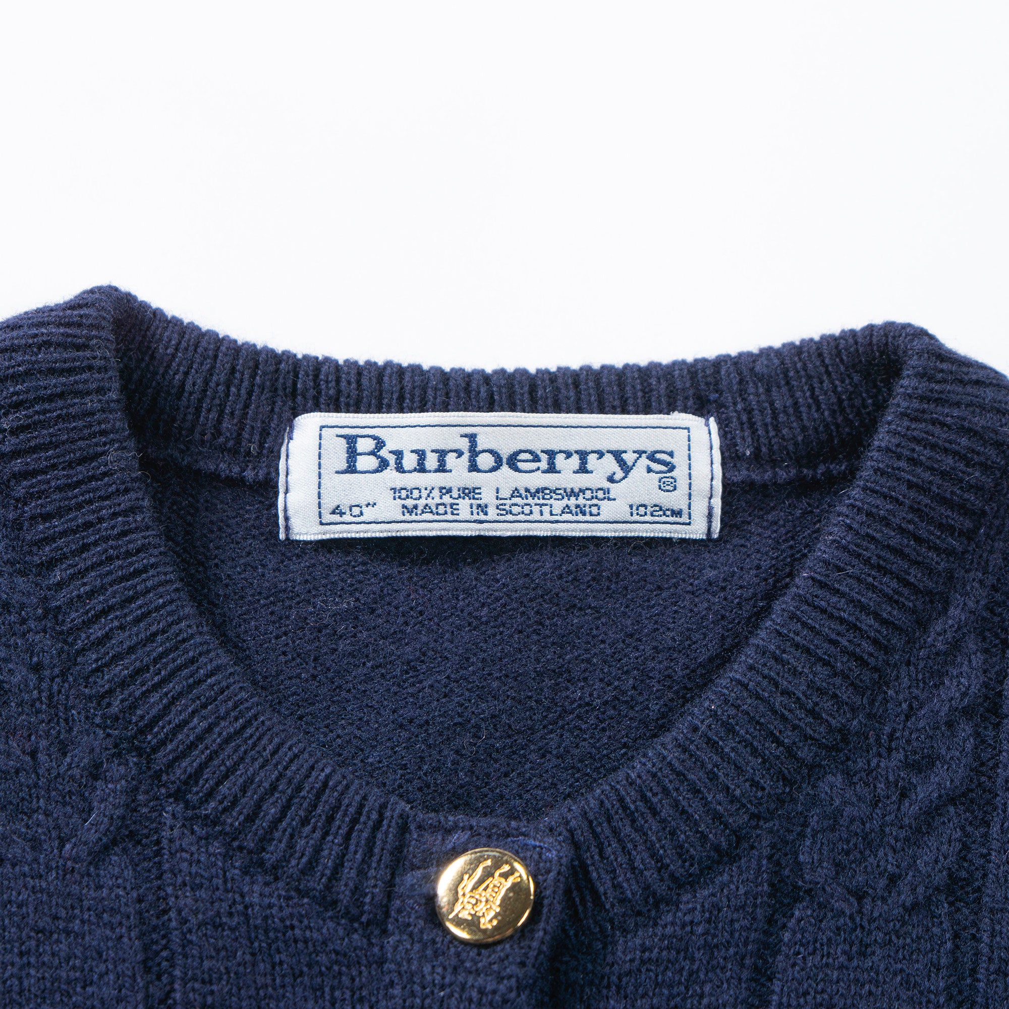 90s Burberry crew neck knit cardigan, navy, 100% lambswool, Aran sweater, made in Scotland, top