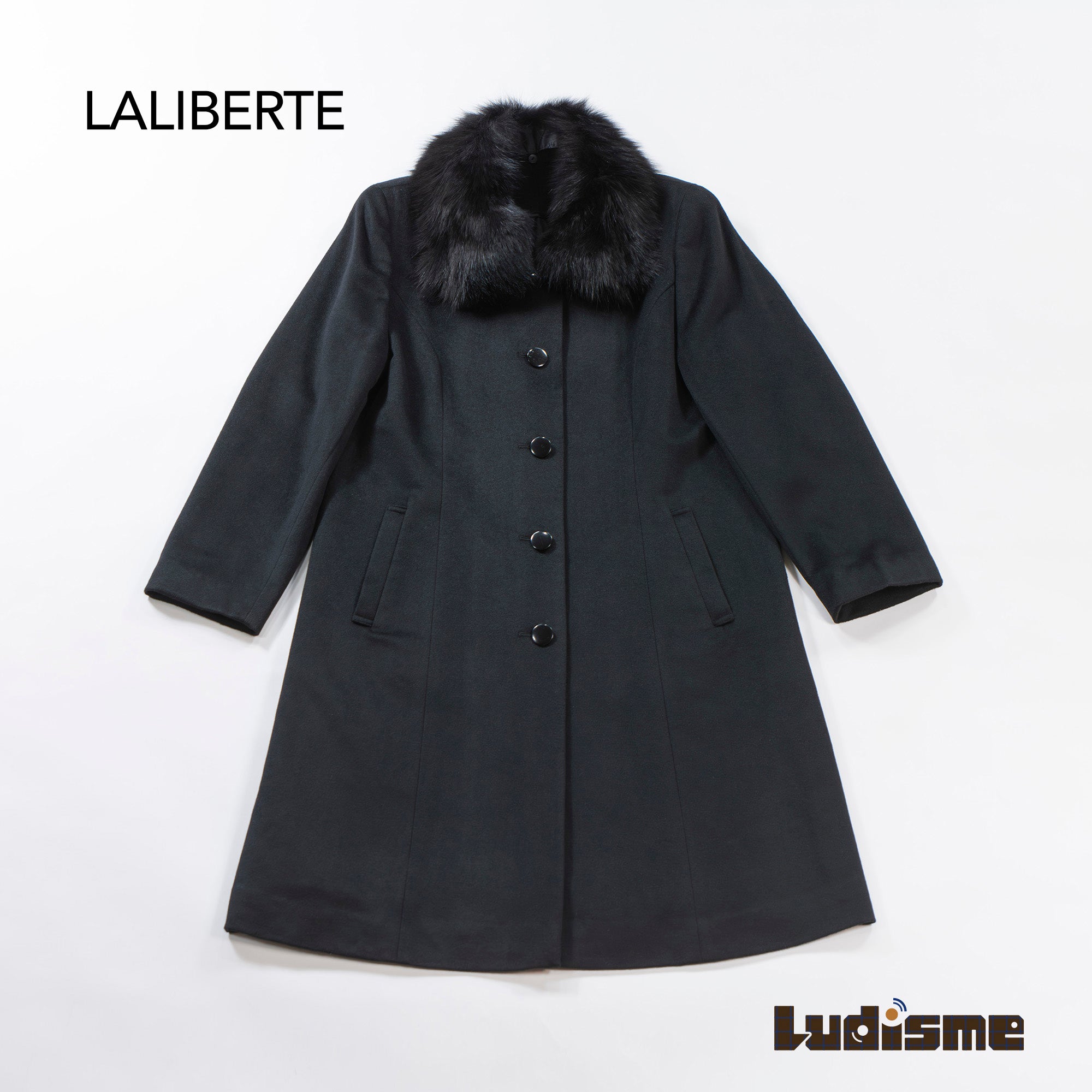 LALIBERTE Long coat with fox fur 100% cashmere Black Princess coat Outerwear Melton coat