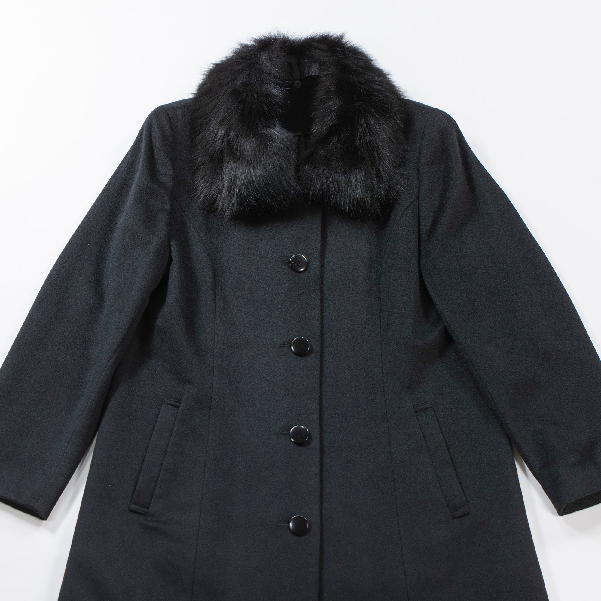 LALIBERTE Long coat with fox fur 100% cashmere Black Princess coat Outerwear Melton coat
