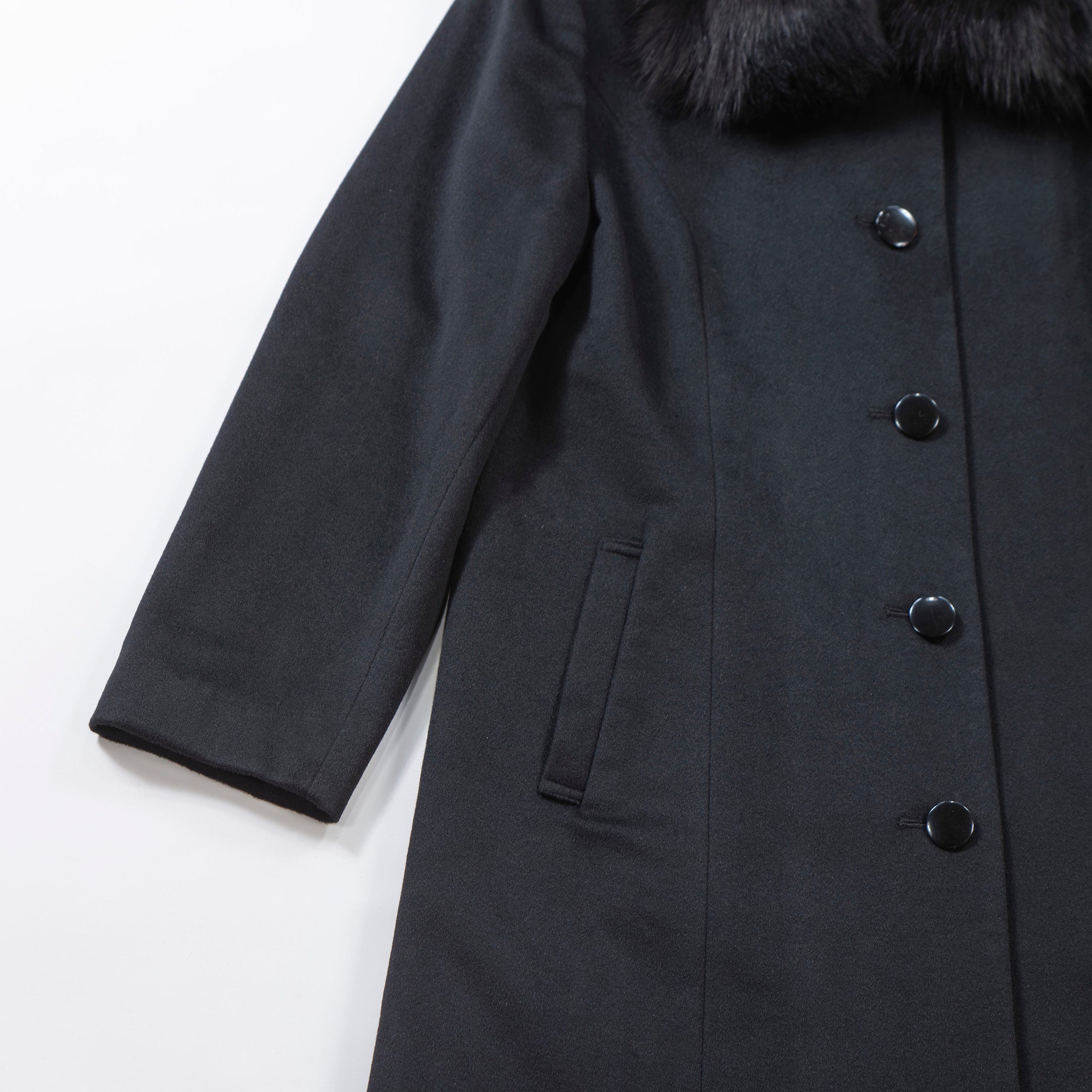 LALIBERTE Long coat with fox fur 100% cashmere Black Princess coat Outerwear Melton coat