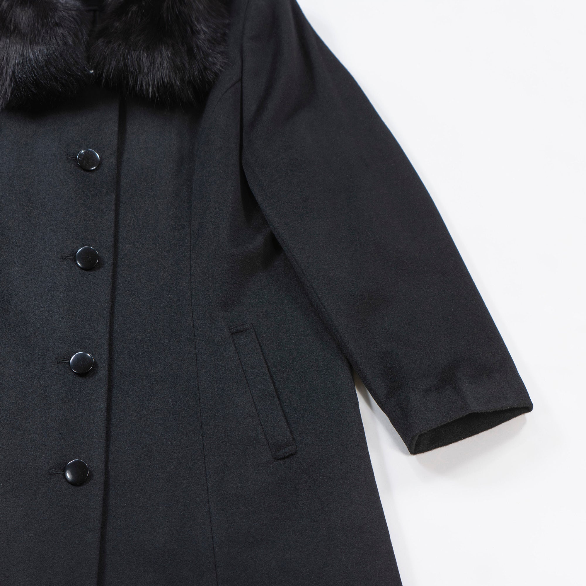 LALIBERTE Long coat with fox fur 100% cashmere Black Princess coat Outerwear Melton coat