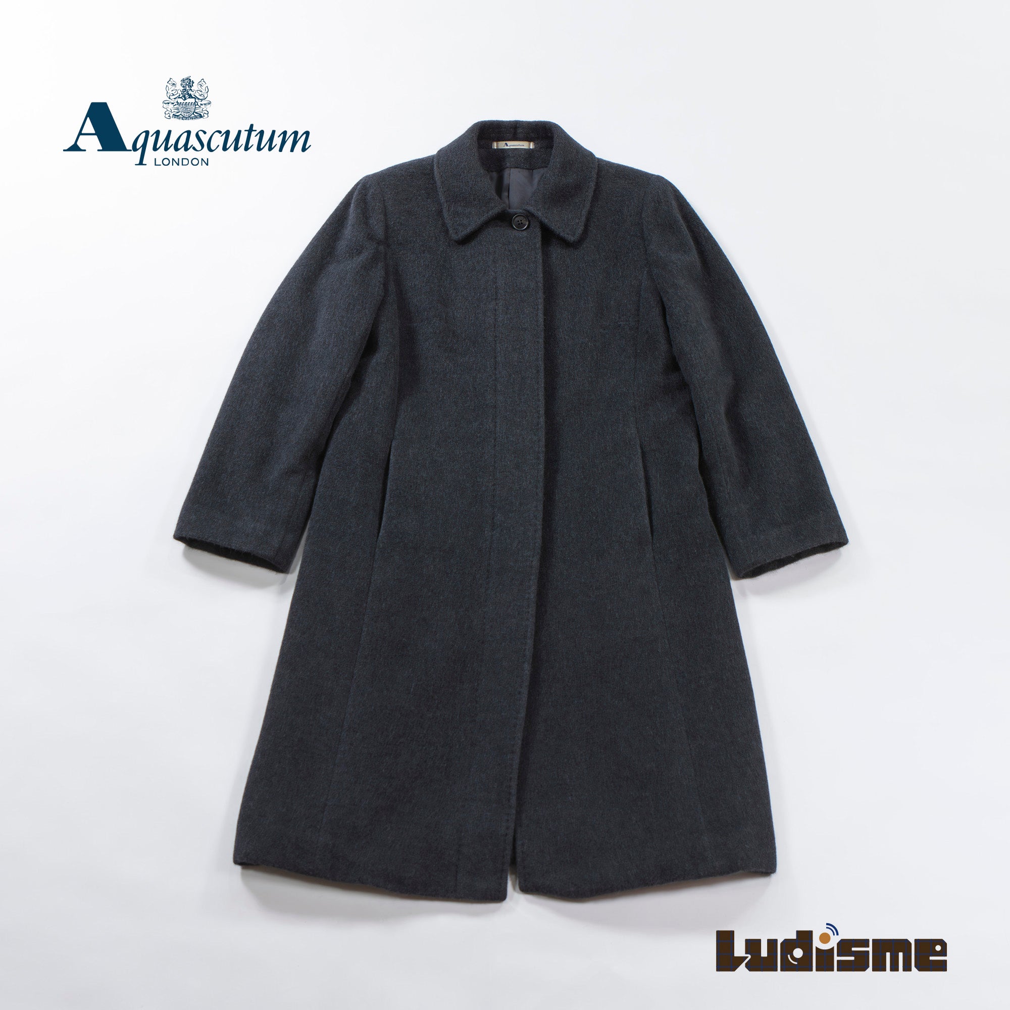 アクアスキュータム Aquascutum メルトンコート アンゴラ100% ダークグレー ロングコート 比翼仕立て プリンセスコート アウター