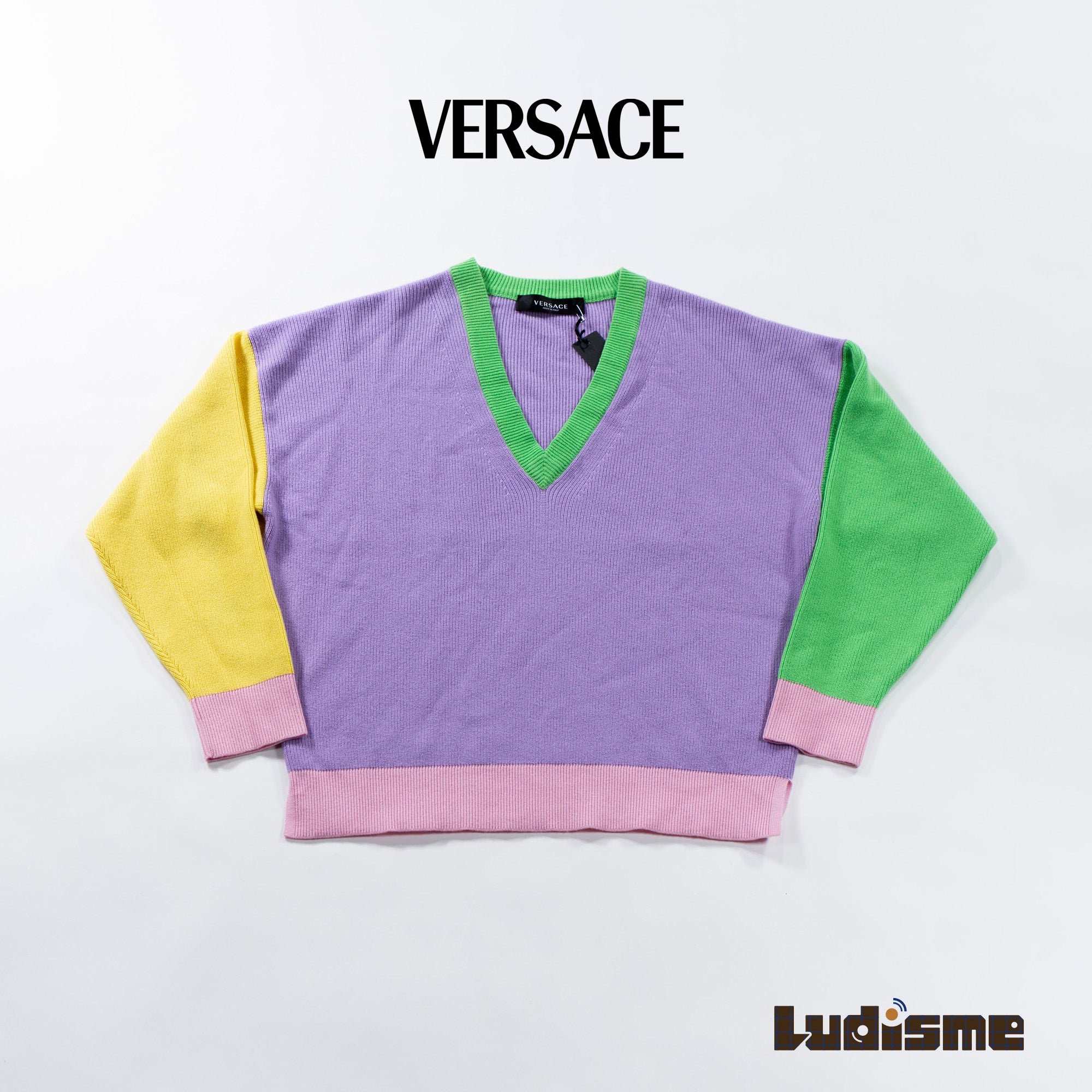 【古着】ヴェルサーチ VERSACE マルチカラー Vネックニット ◆新品未使用品◆ イタリア製 カシミヤ100% ドロップショルダー レディースファッション レディーストップス レディースニット ユニセックス メンズファッション【中古】【USED】