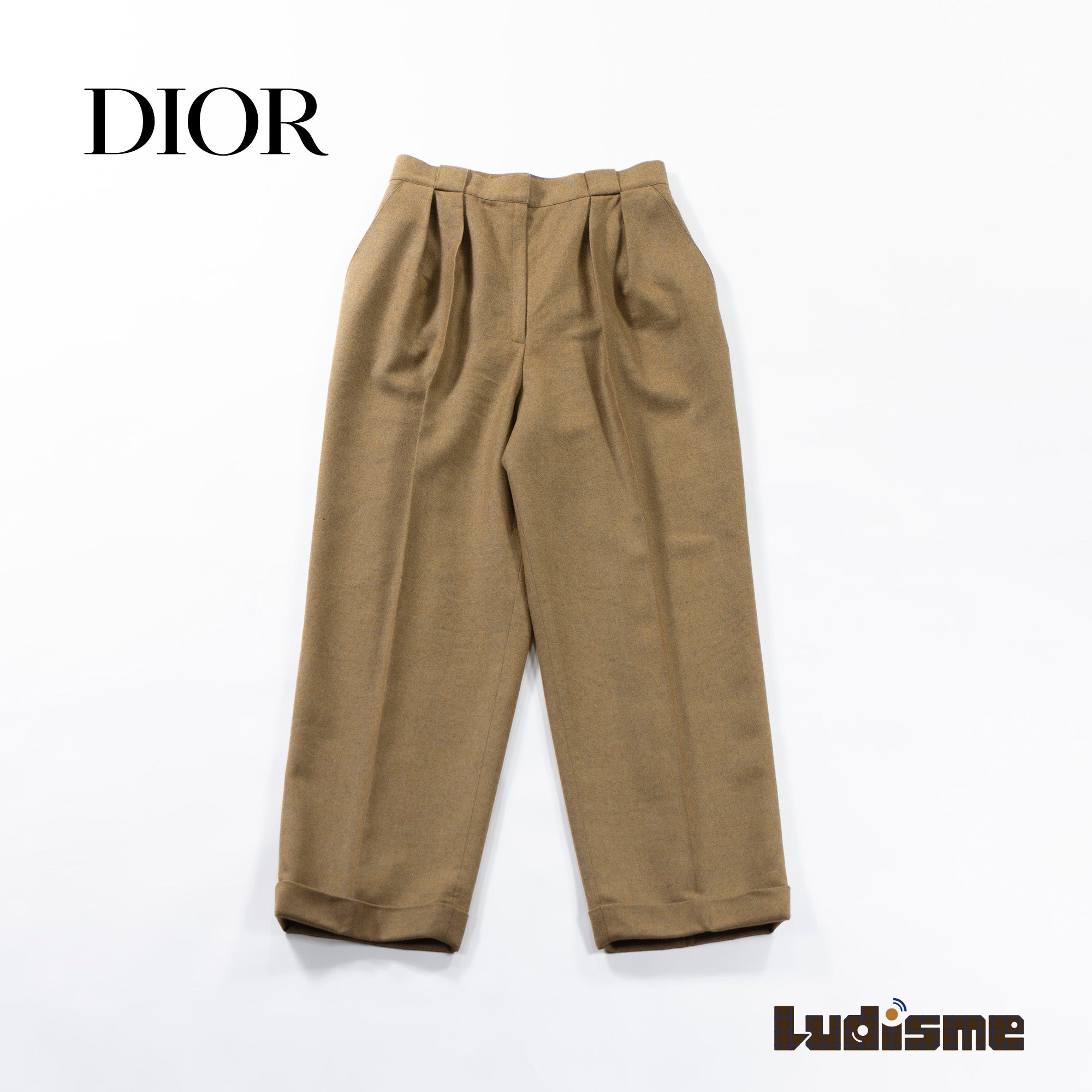 Christian Dior Wool Slacks, Mustard Color, Center Press, 2-Pleated, Women's Pants, Bottoms