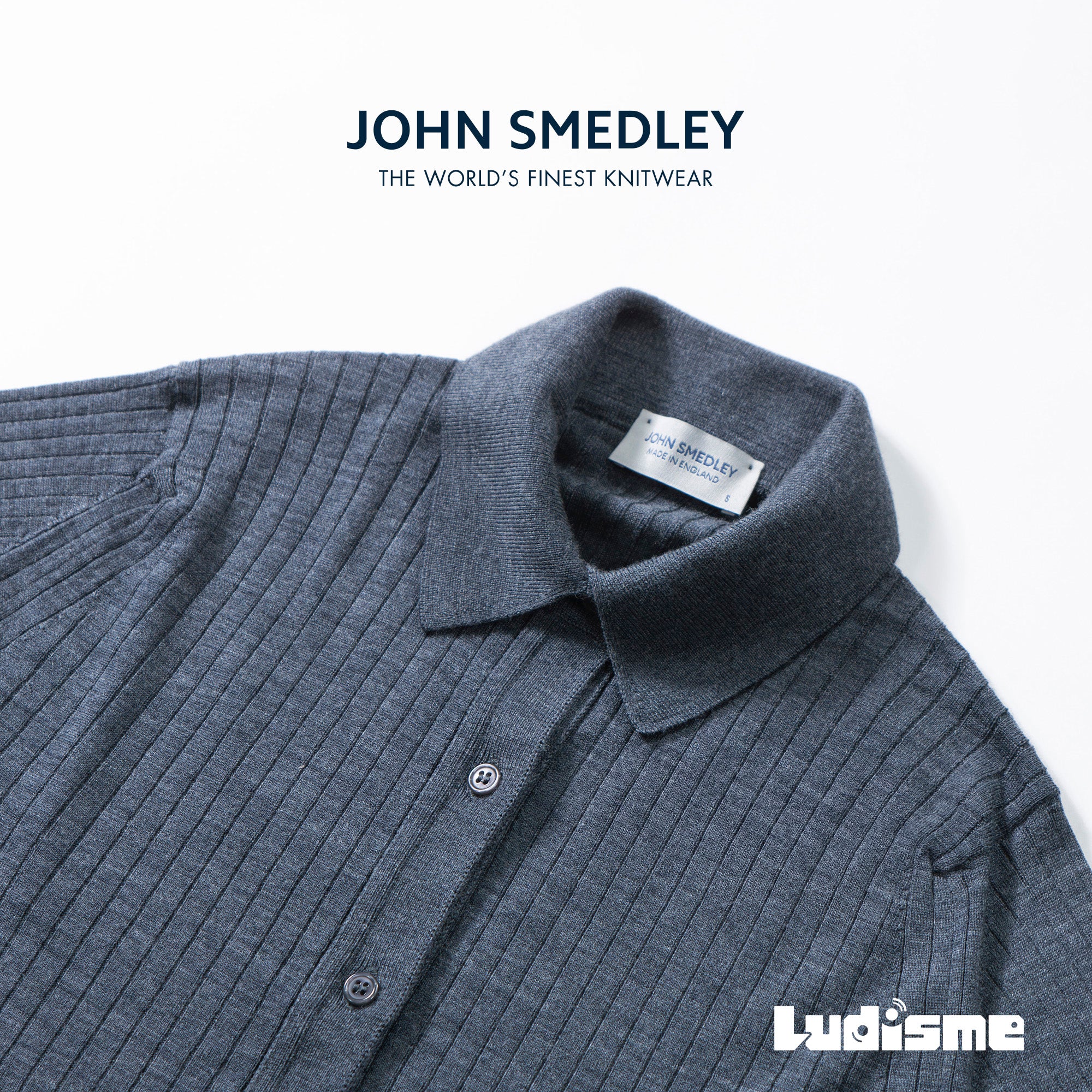 ジョンスメドレー JOHN SMEDLEY リブニット シャツカーディガン チャコールグレー メリノウール ハイゲージ トップス ポロシャツ