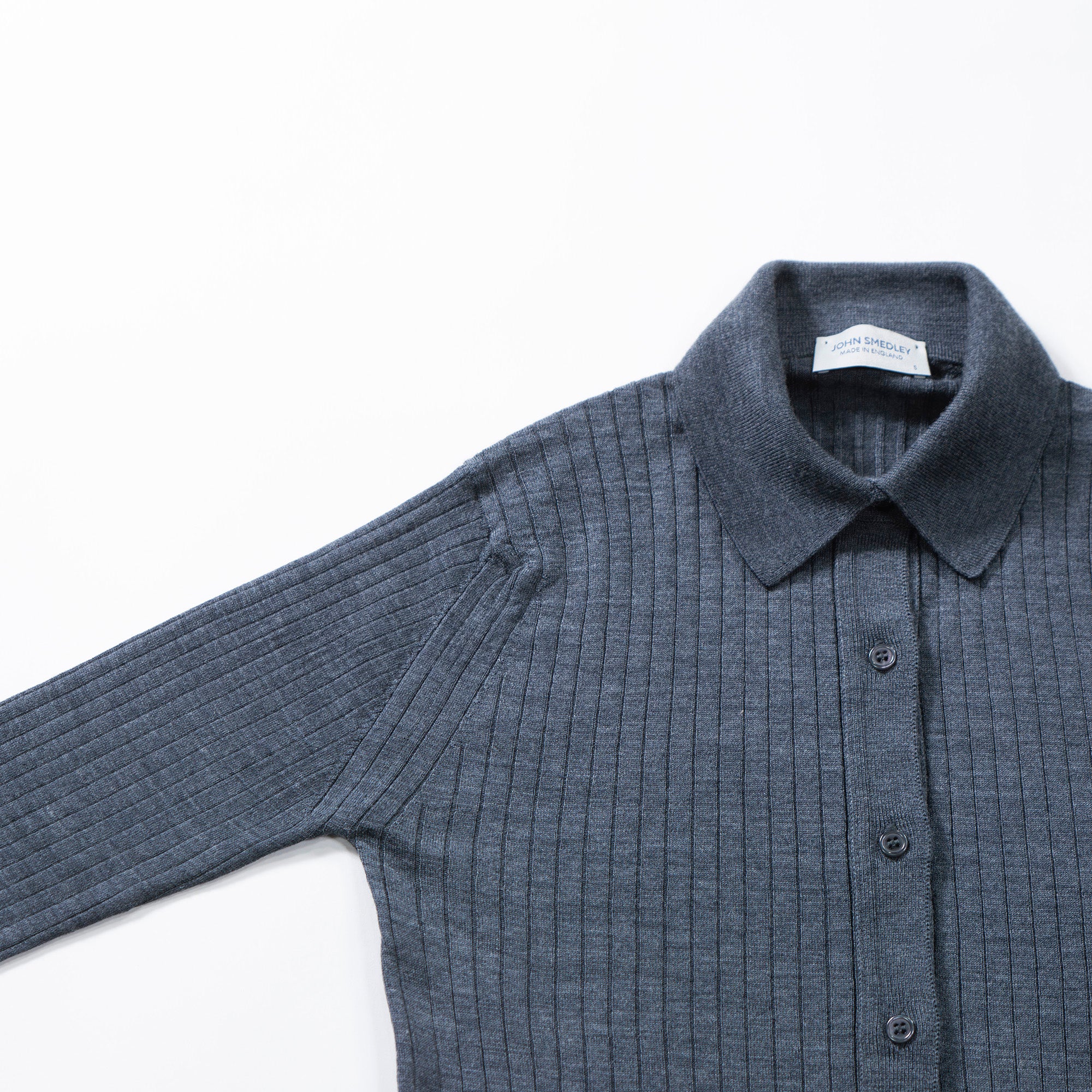 ジョンスメドレー JOHN SMEDLEY リブニット シャツカーディガン チャコールグレー メリノウール ハイゲージ トップス ポロシャツ