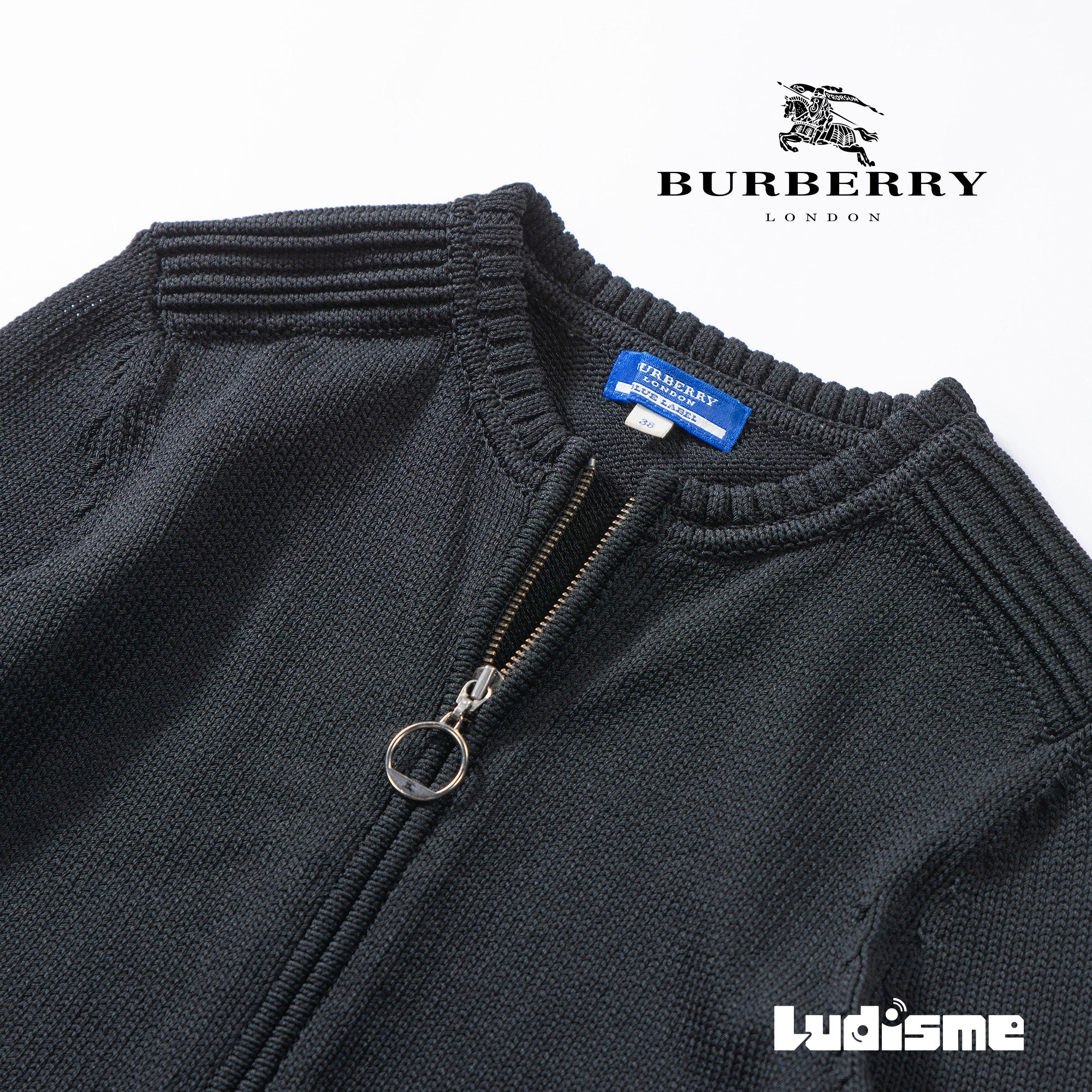 【古着】バーバリー BURBERRY BLUE LABEL ジップアップ ニットセーター ブラック ポリエステル 七分丈 ジャケット バーバリーブルーレーベル レディースファッション レディーストップス【中古】【USED】