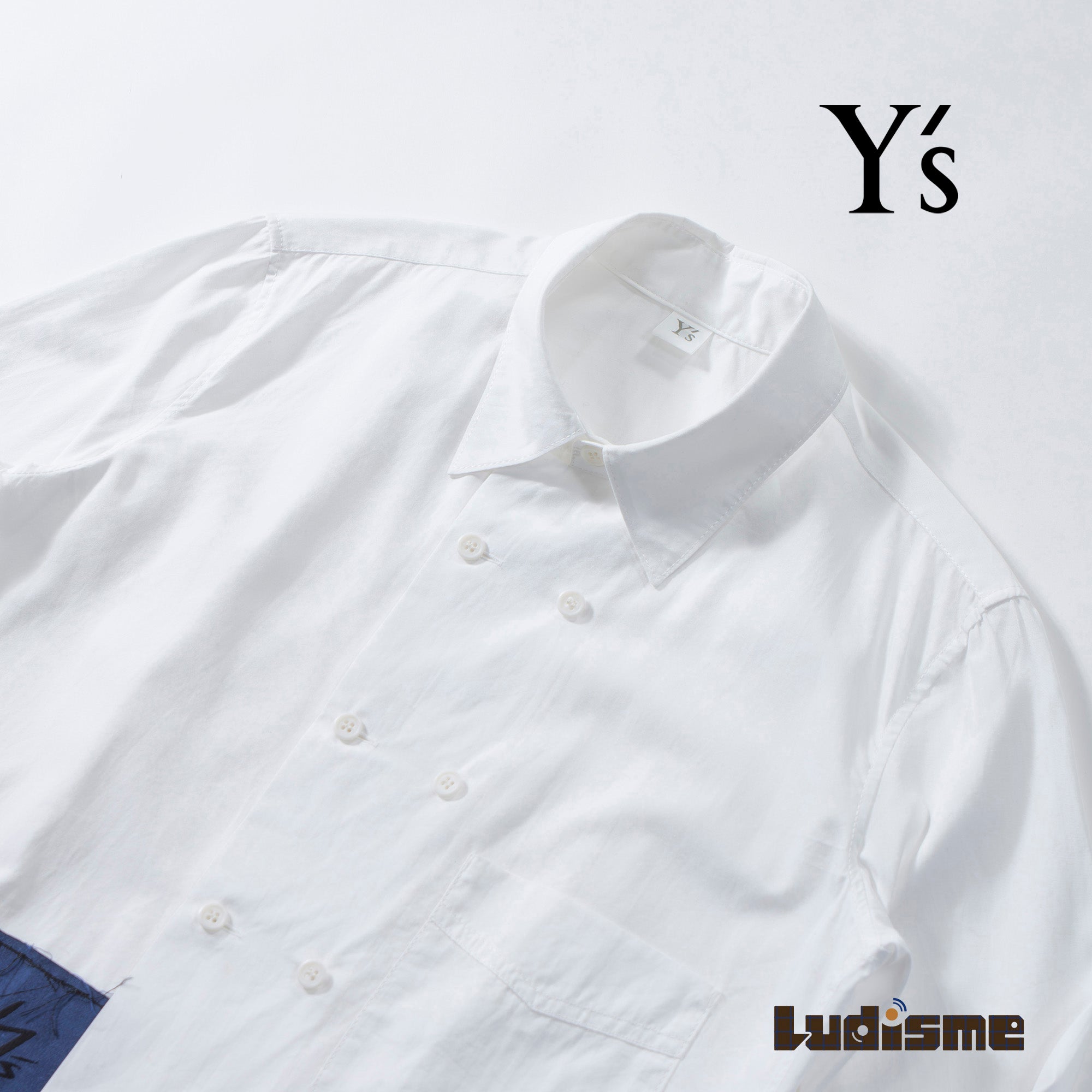 ヨウジヤマモト ワイズ Y's 1972 LOGO PATCH BROAD FRONT DOUBLE SHIRT コットンブロードシャツ ダブルブレスト 白シャツ