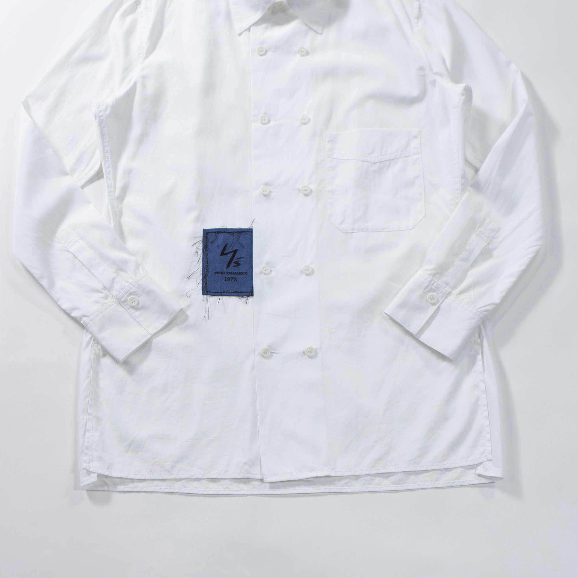 ヨウジヤマモト ワイズ Y's 1972 LOGO PATCH BROAD FRONT DOUBLE SHIRT コットンブロードシャツ ダブルブレスト 白シャツ