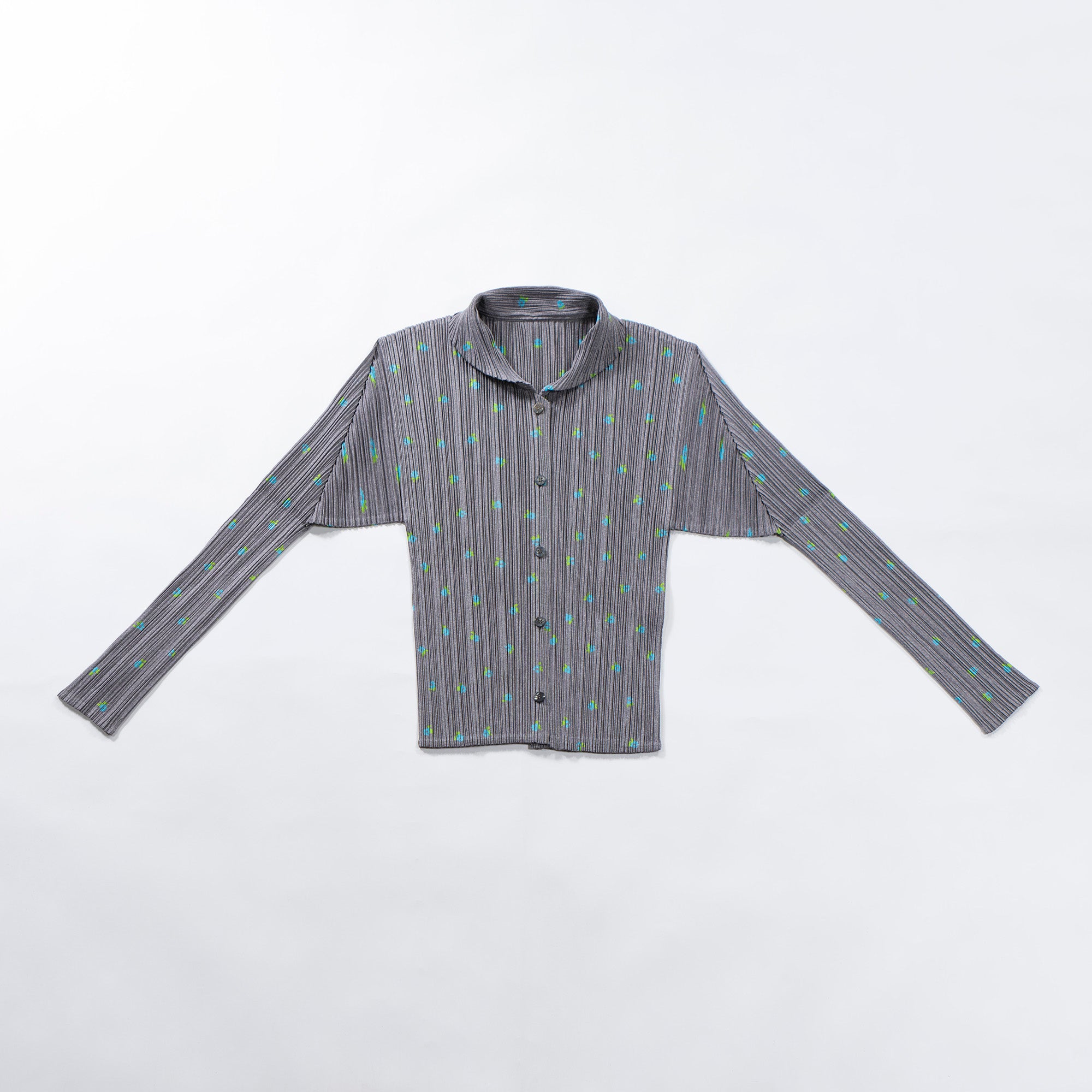 【古着】プリーツプリーズ イッセイミヤケ PLEATS PLEASE ISSEY MIYAKE ロングスリーブシャツ 丸襟 グレー 花柄 プリーツシャツ ドレスシャツ レディースファッション レディーストップス【中古】【USED】