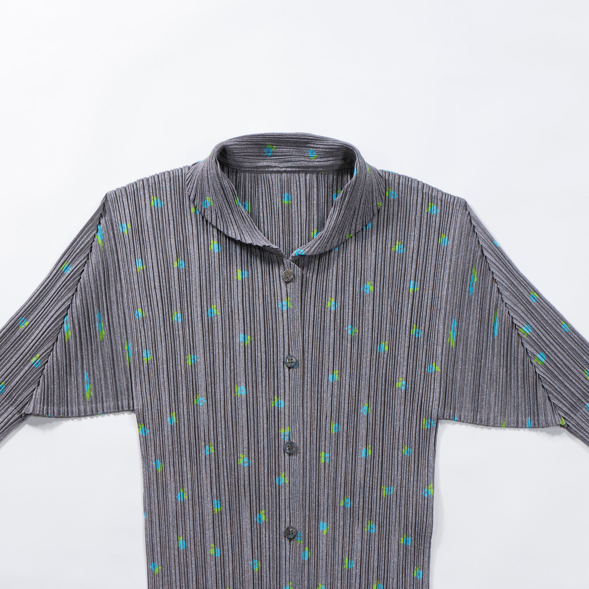 【古着】プリーツプリーズ イッセイミヤケ PLEATS PLEASE ISSEY MIYAKE ロングスリーブシャツ 丸襟 グレー 花柄 プリーツシャツ ドレスシャツ レディースファッション レディーストップス【中古】【USED】