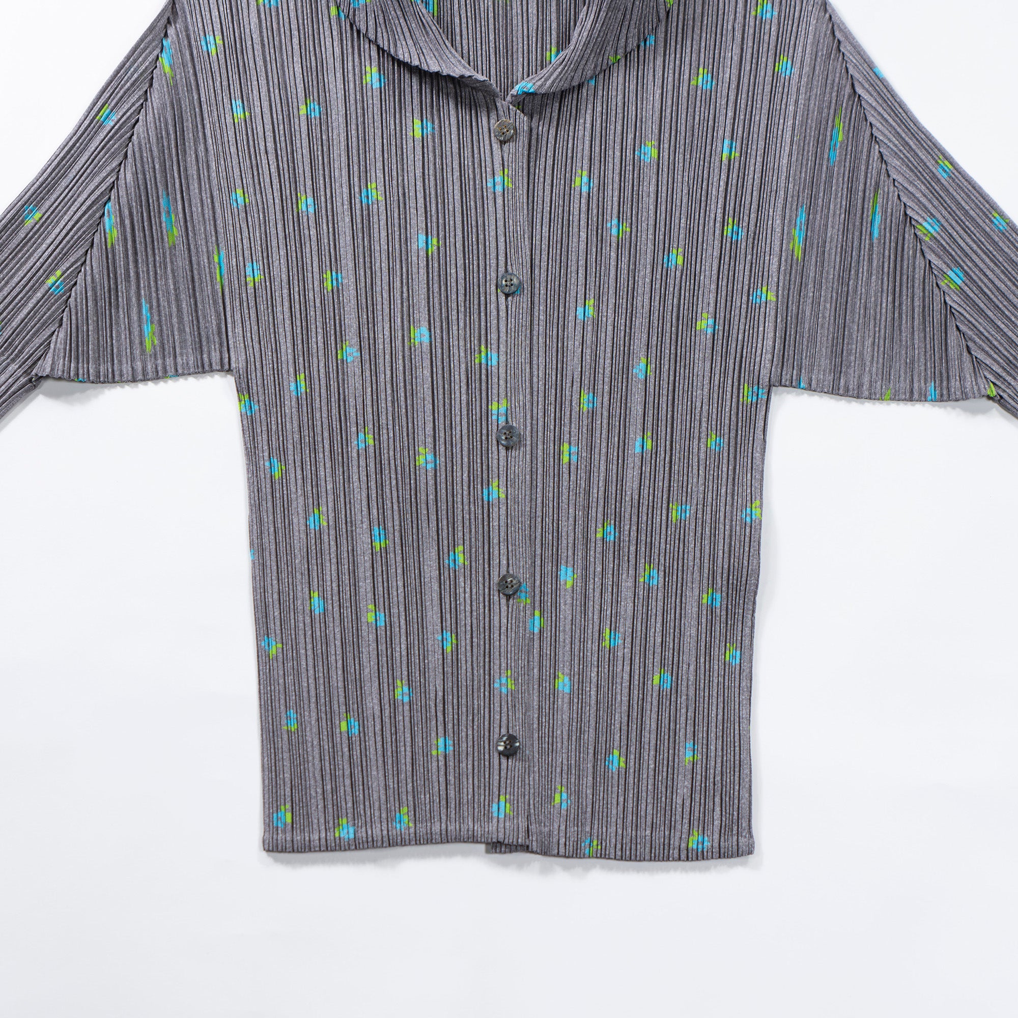 【古着】プリーツプリーズ イッセイミヤケ PLEATS PLEASE ISSEY MIYAKE ロングスリーブシャツ 丸襟 グレー 花柄 プリーツシャツ ドレスシャツ レディースファッション レディーストップス【中古】【USED】