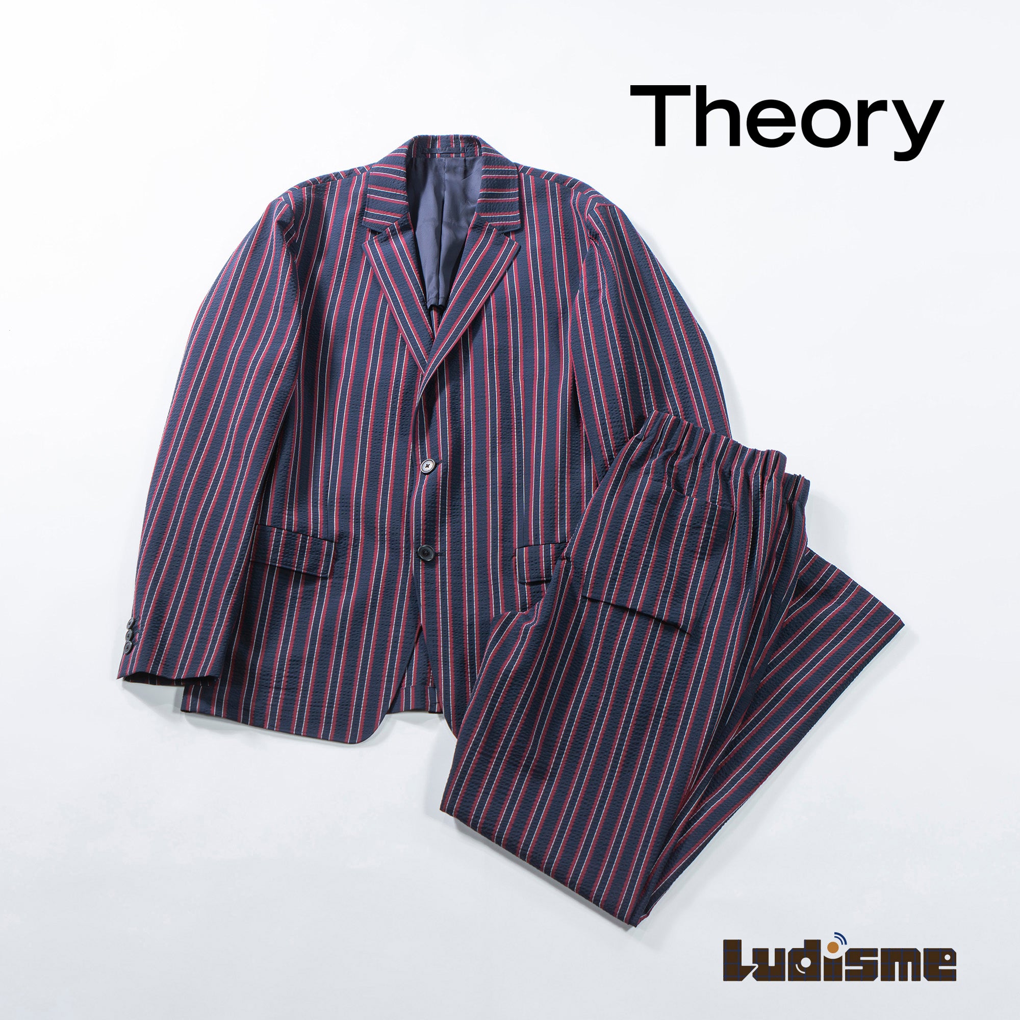 Theory Multi-stripe suit set, seersucker fabric, easy pants, tailored jacket, casual
