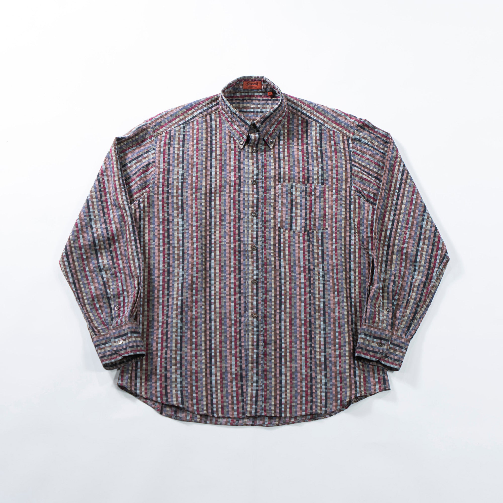 ミッソーニ MISSONI モザイクパターンシャツ イタリア製 総柄シャツ 90s チェックシャツ ボタンダウン トップス ロングスリーブ