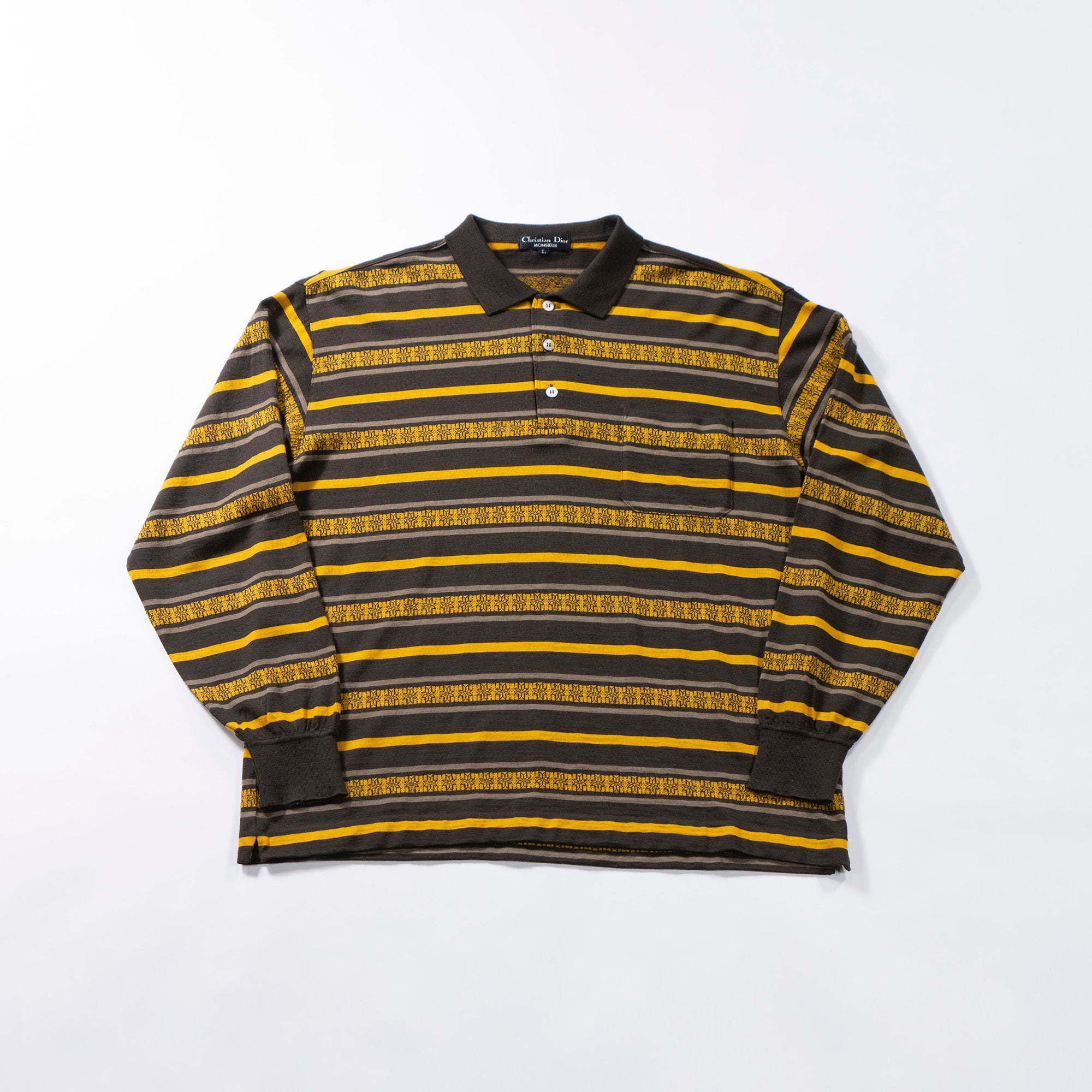 ディオール Christian Dior MONSIEUR ロングスリーブポロシャツ ブラウン×イエロー ボーダー 90s 長袖 ウール メンズファッション