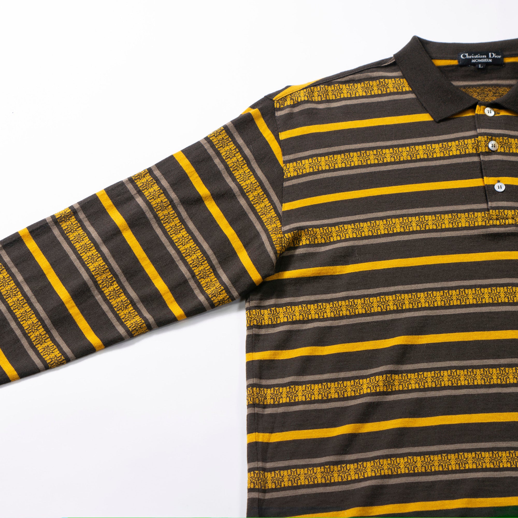 ディオール Christian Dior MONSIEUR ロングスリーブポロシャツ ブラウン×イエロー ボーダー 90s 長袖 ウール メンズファッション