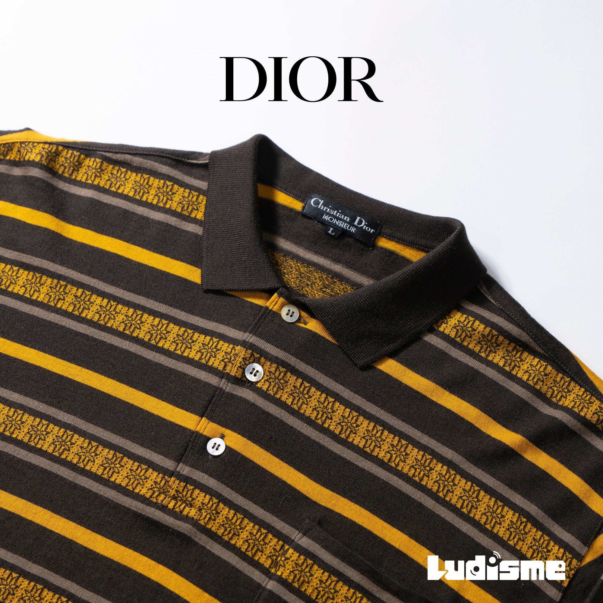 ディオール Christian Dior MONSIEUR ロングスリーブポロシャツ ブラウン×イエロー ボーダー 90s 長袖 ウール メンズファッション