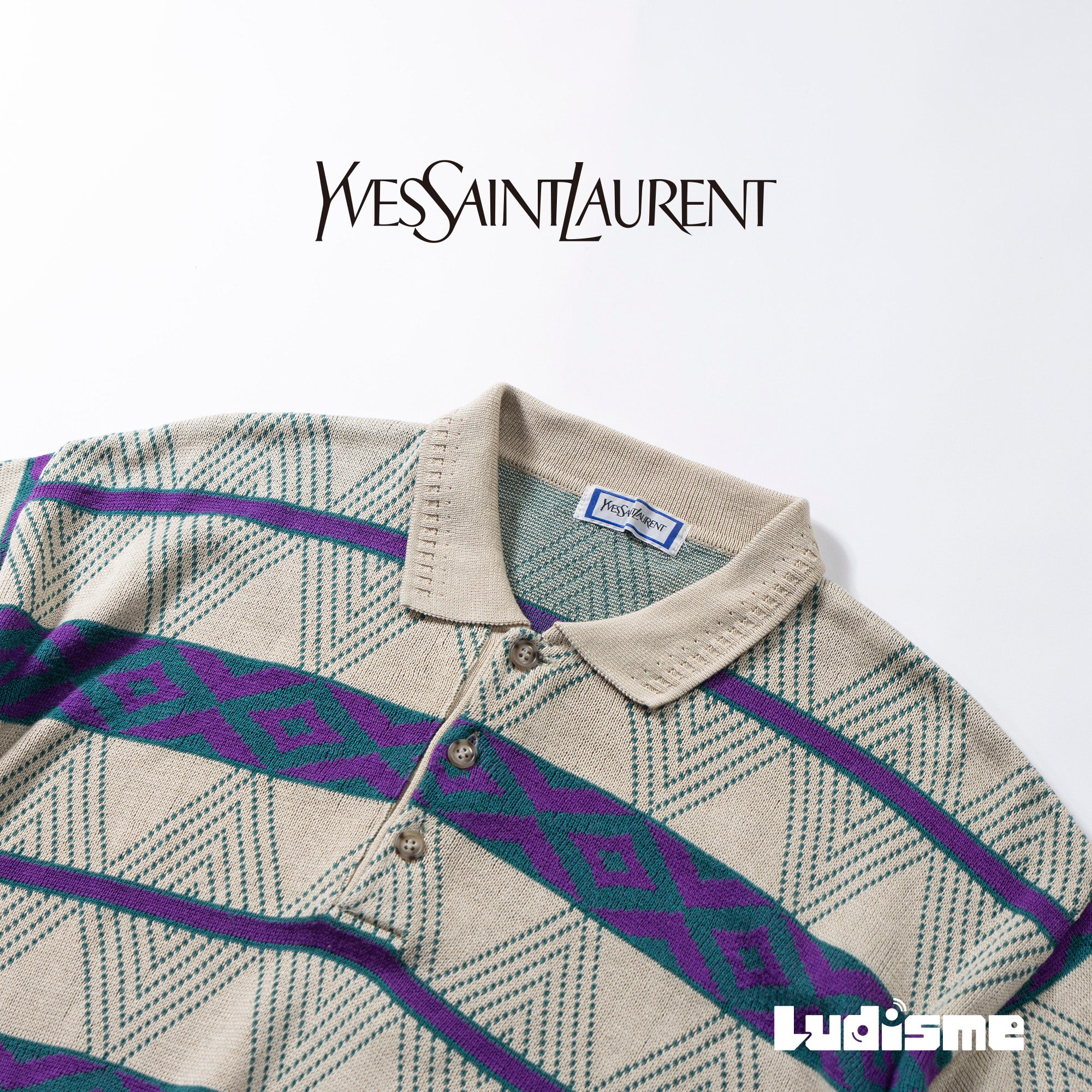 イブサンローラン Yves Saint Laurent ニットポロシャツ 半袖 幾何学 ボーダー 90s ヴィンテージ メンズファッション メンズトップス