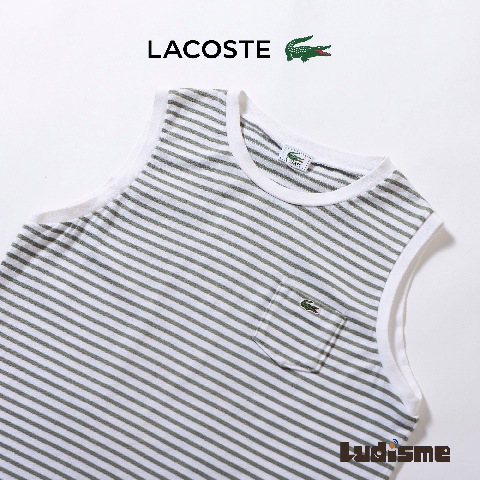 ラコステ LACOSTEノースリーブタンクトップ ボーダー カーキグリーン Tシャツ キャミソール レディースファッション トップス